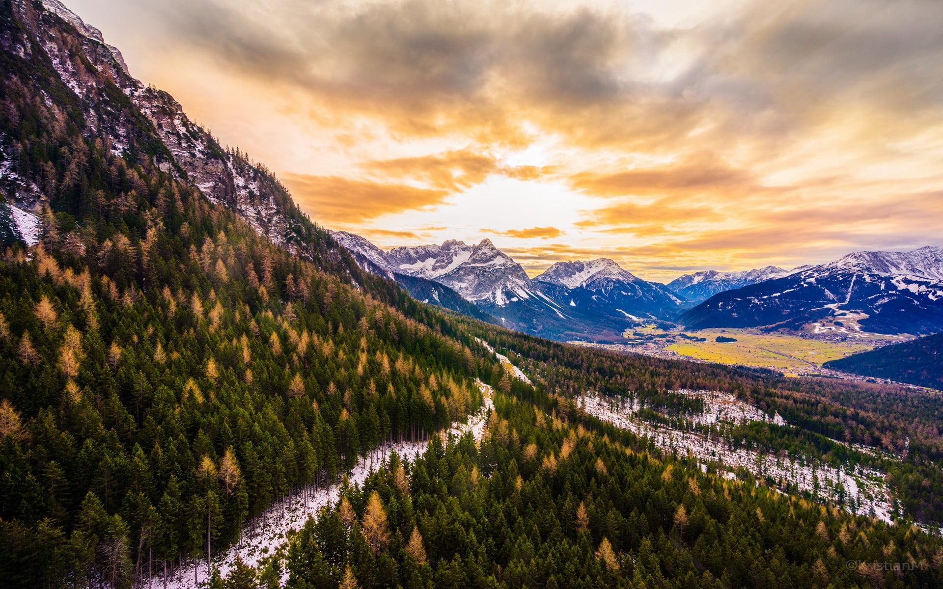woodland, landscape, cold temperature, sunset, Austria, pine tree, beauty in nature, trees, snowcapped mountain, sky, green, tranquil scene, clouds, tree, HD Wallpaper