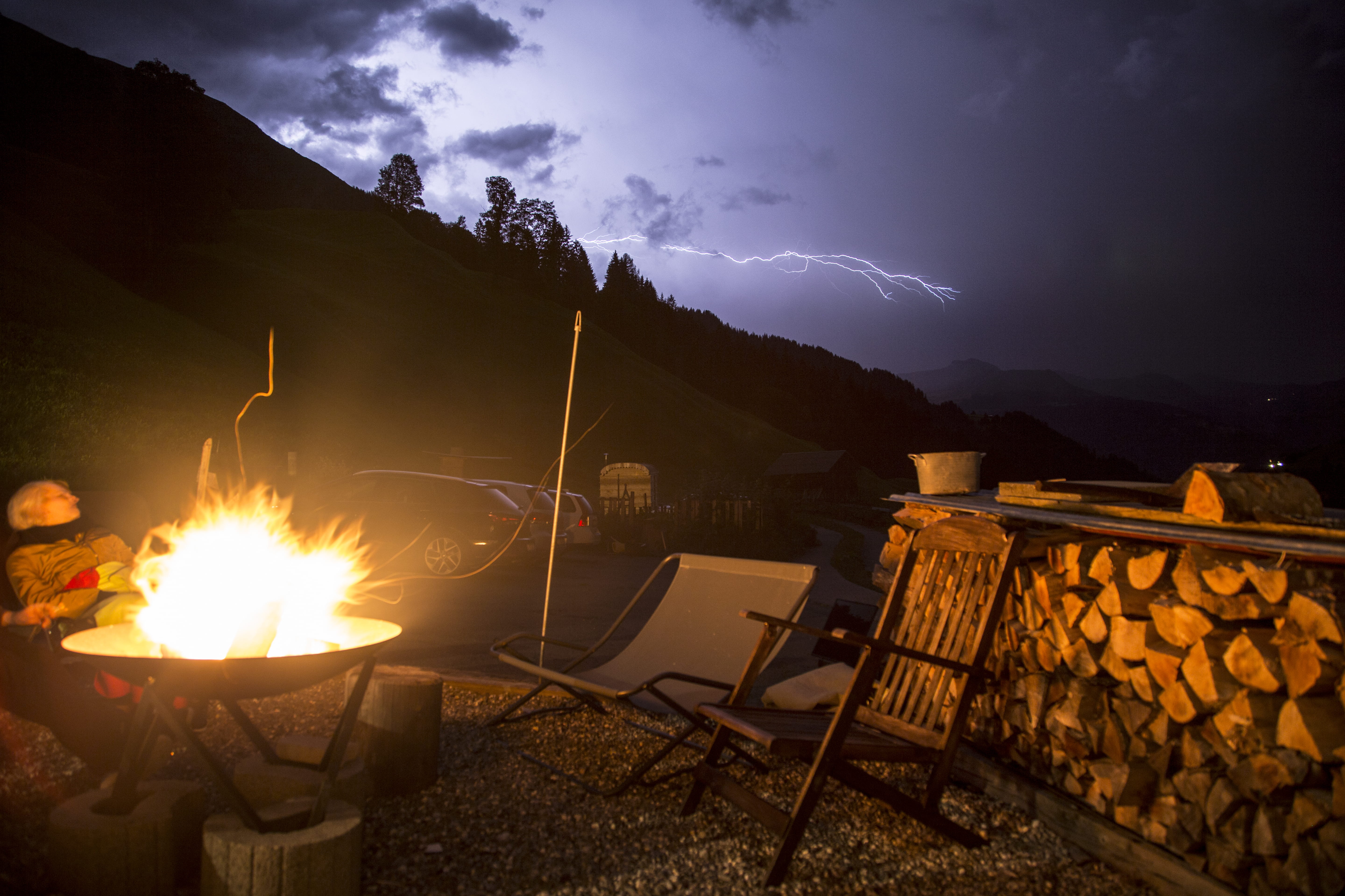 sankt antönien, fire - natural phenomenon, flashlight, skyline, campfire, 5K, chair, storm, lightning, flame, night, flash, heat - temperature, power in nature, HD Wallpaper
