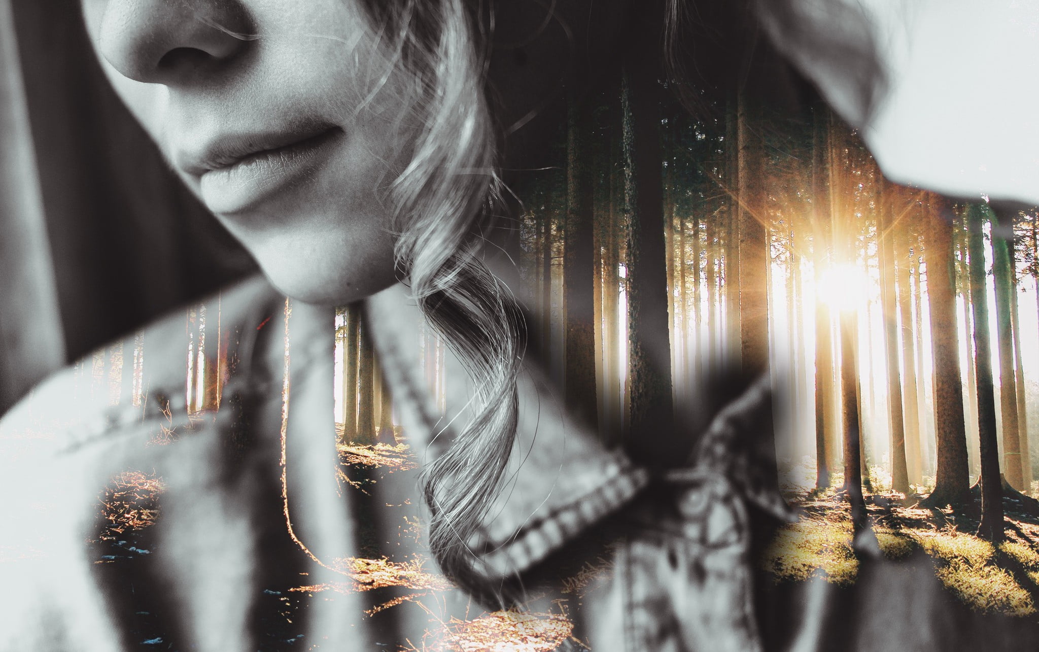 sunlight, forest, adult, contemplation, indoors, close-up, nature, beautiful woman, young women, headshot, mouths, 1080P, double exposure, selective focus, HD Wallpaper