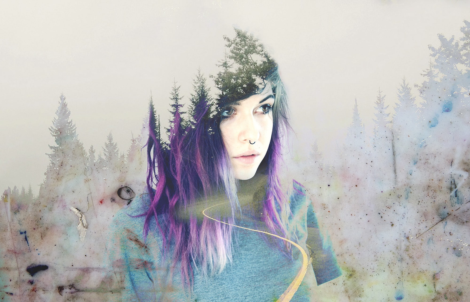 1080P, dyed hair, double exposure, nose rings, women, purple hair, HD Wallpaper