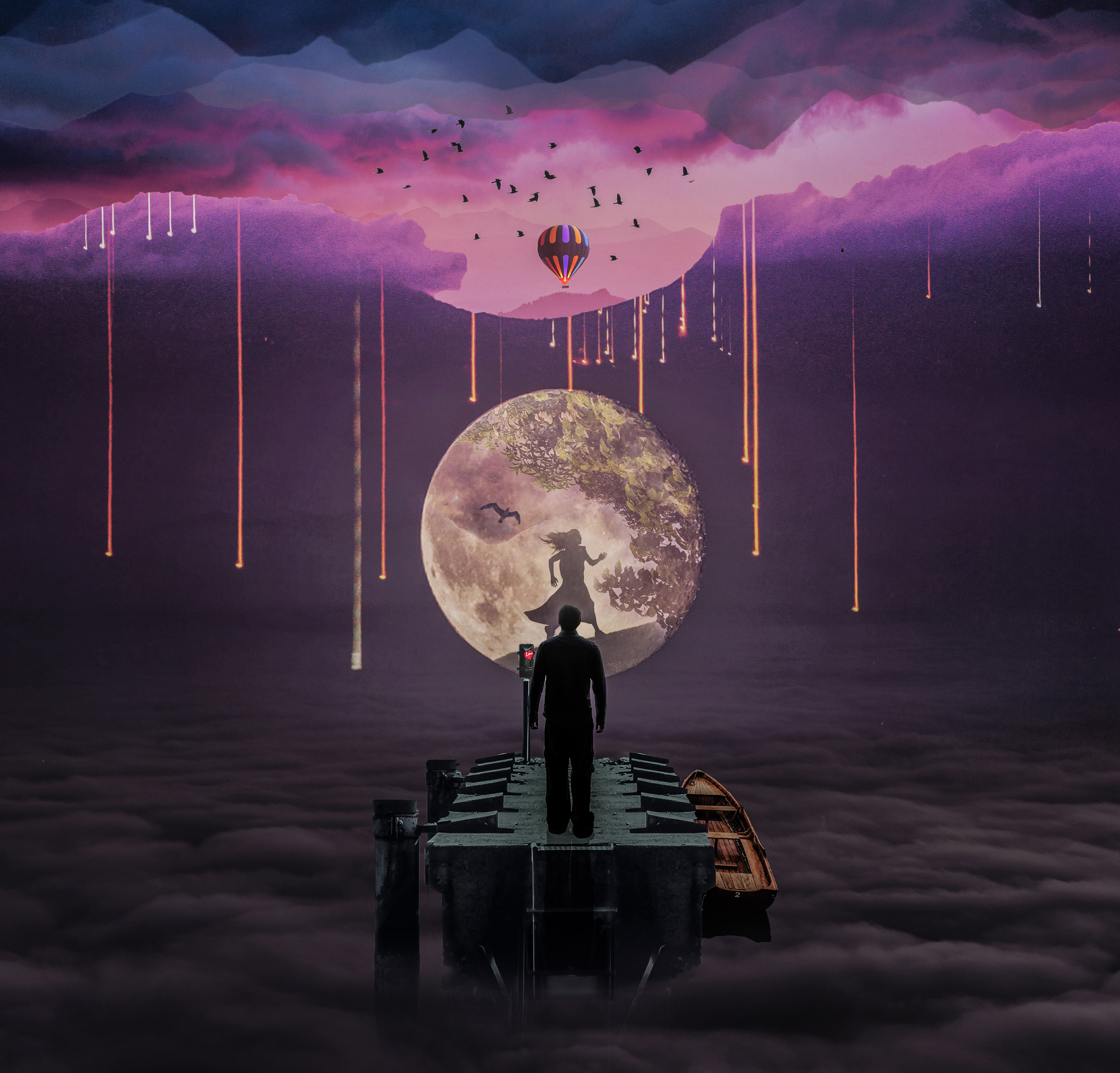 Dream girl, Purple, Double exposure, Man, Clouds, Starry sky, 4K, 4K, Night, Hot air balloon, Moon, HD Wallpaper