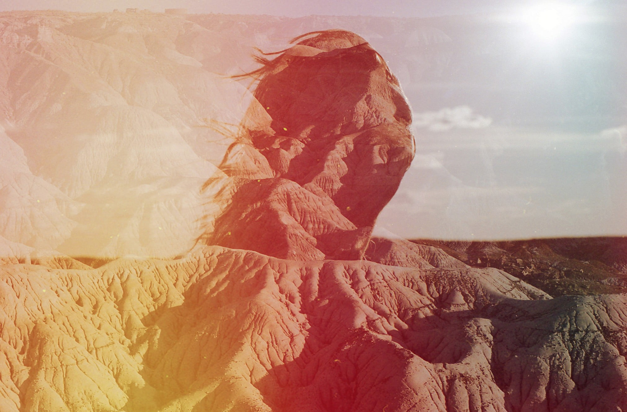 women, solid, rock - object, windy, cloud - sky, double exposure, environment, landscape, tranquility, mountain, day, outdoors, rocks, nature, beauty in nature, HD Wallpaper