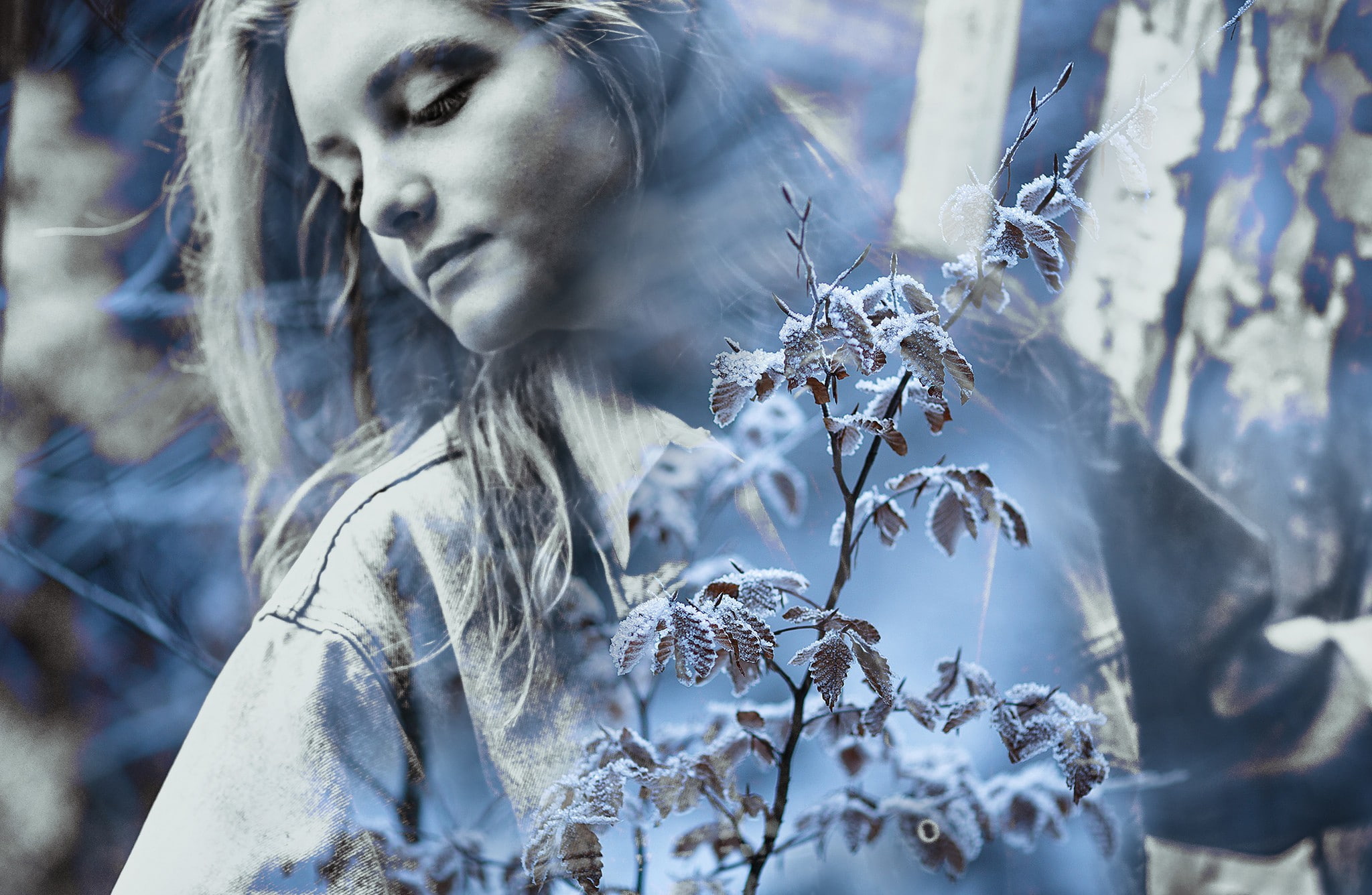leaves, women, closed eyes, winter, double exposure, 1080P, HD Wallpaper