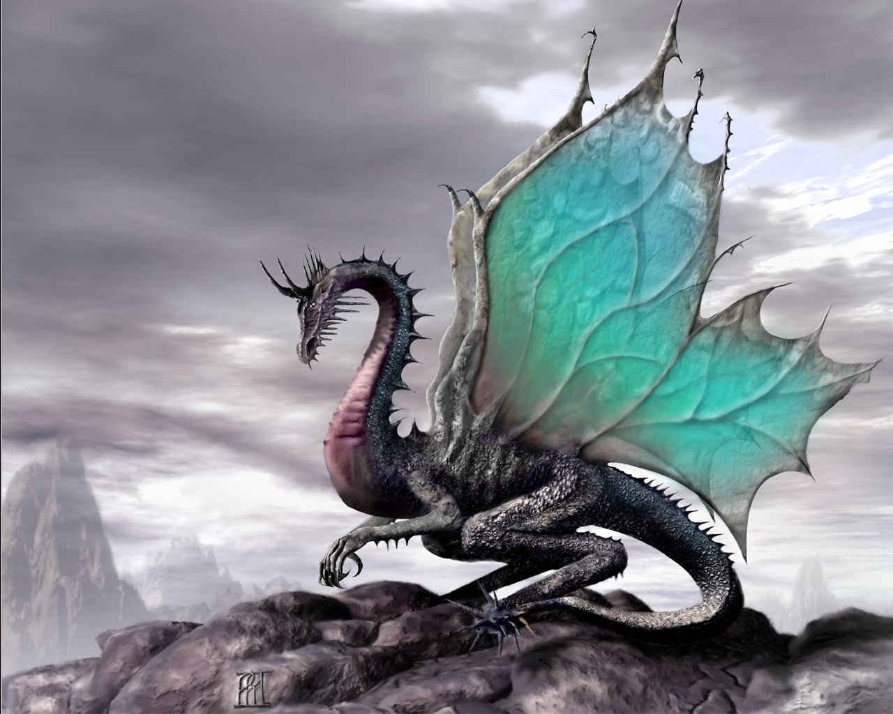 dinosaur, iguana, rock - object, animal, sky, 720P, cloud - sky, fantastic, monster - Fictional Character, paleontology, outdoors, day, mountains, gray, HD Wallpaper