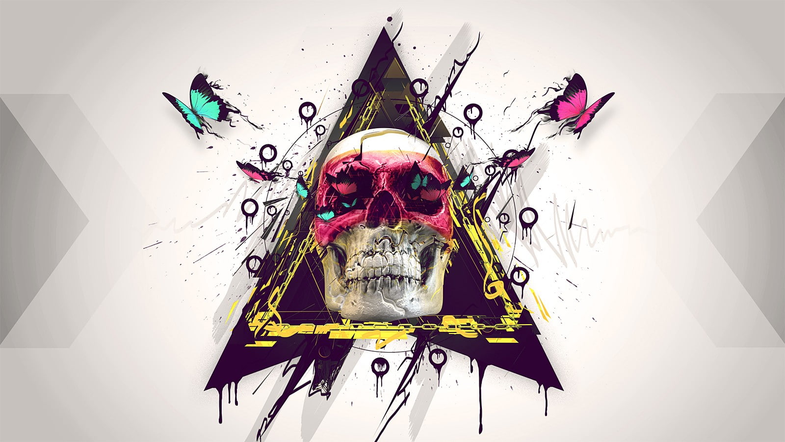 digital/artwork, blue, 720P, yellow, abstract, wallpapaer, pink, butterfly, skull, black, hd, HD Wallpaper
