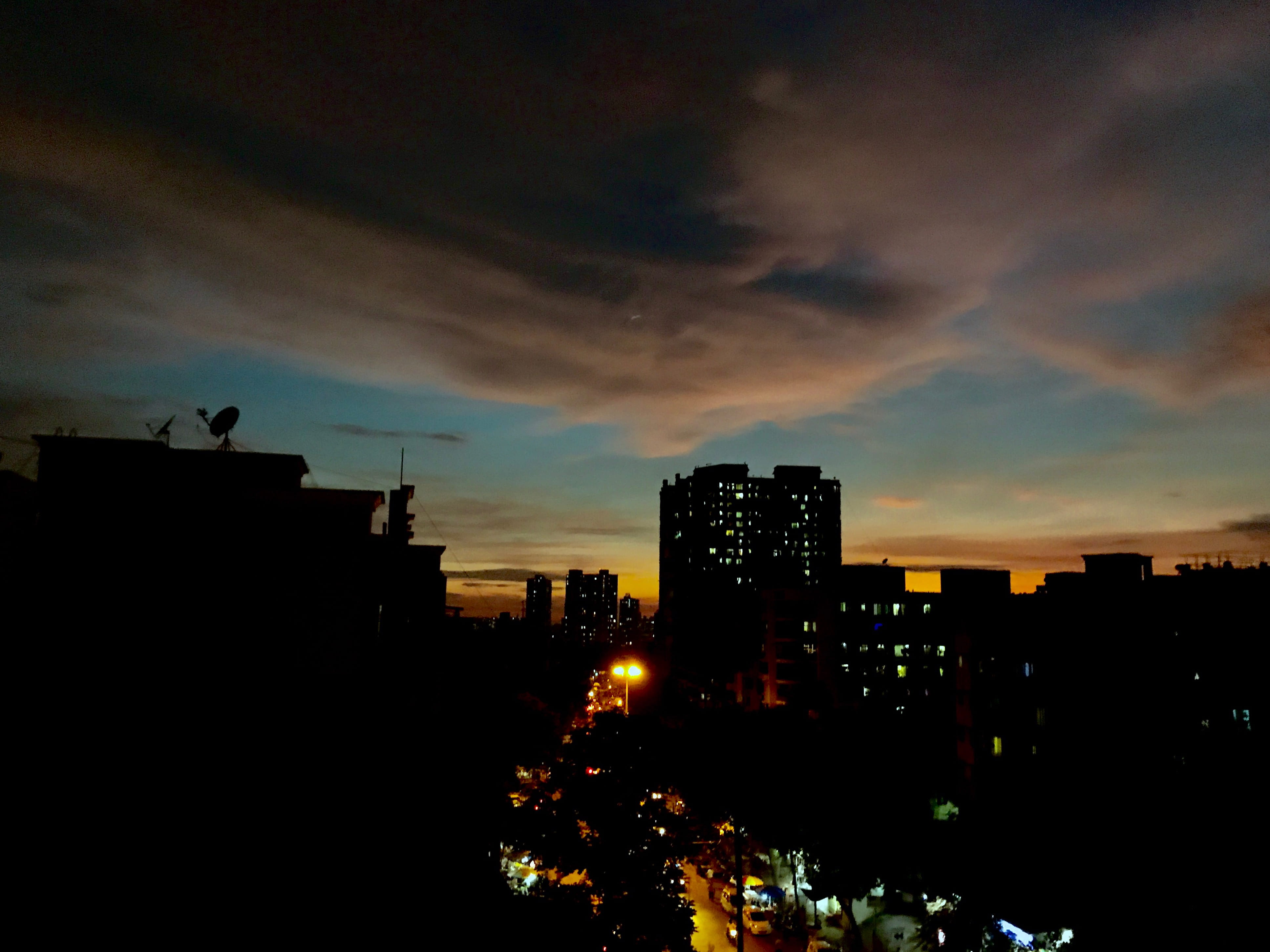 residential district, colors, outdoors, cloud - sky, urban skyline, sky, wallpapaer, city, 4K, illuminated, silhouette, india, skyscraper, architecture, HD Wallpaper