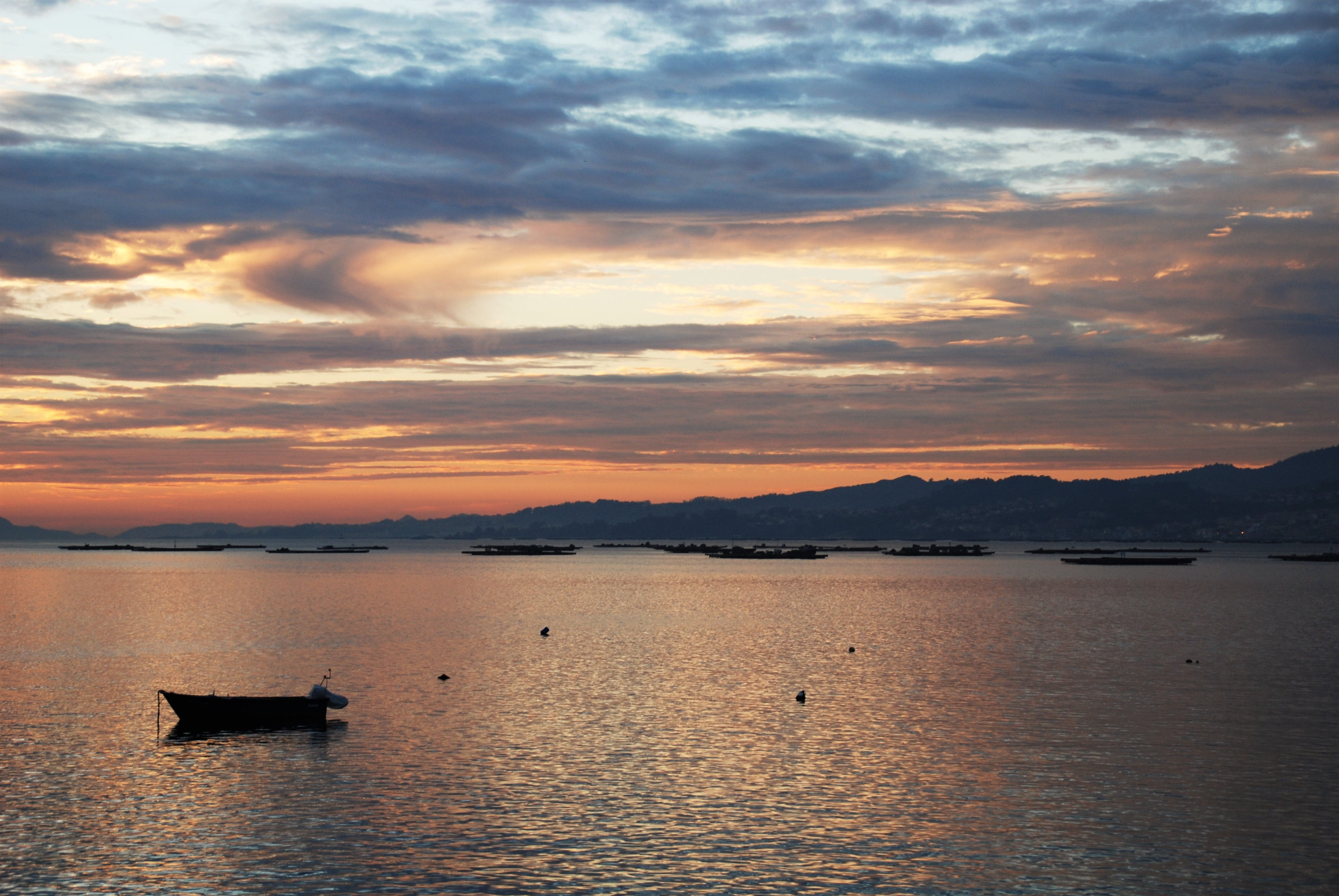 spain, nature, setting sun, cloud - sky, holiday, non-urban scene, vigo, scenics - nature, mountain, sun, tranquility, water, no people, orange color, nautical vessel, HD Wallpaper