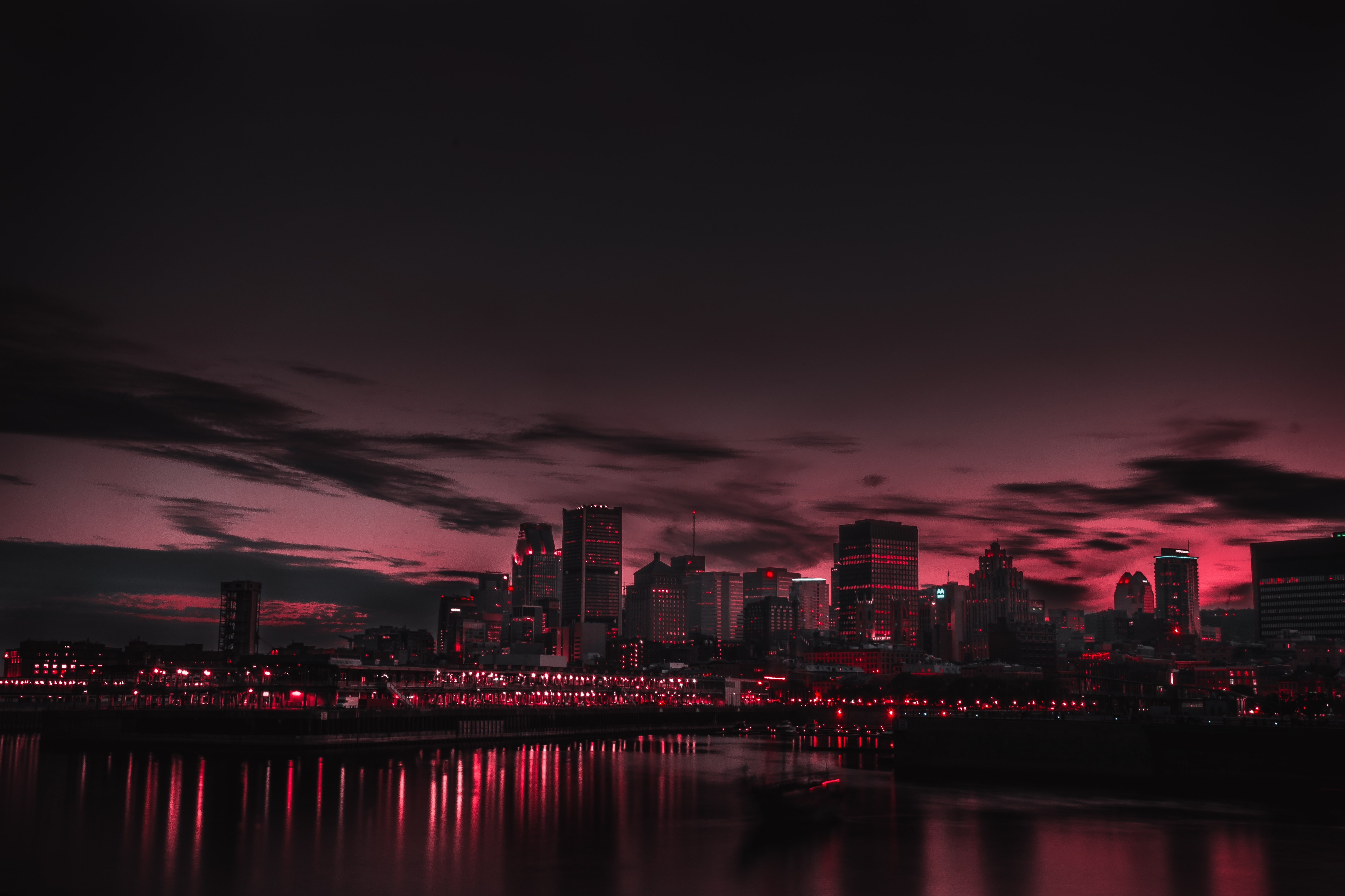 building, 5K, sunset, Canada, Cityscape, Olivier Jodoin, Marc, lake, red, HD Wallpaper