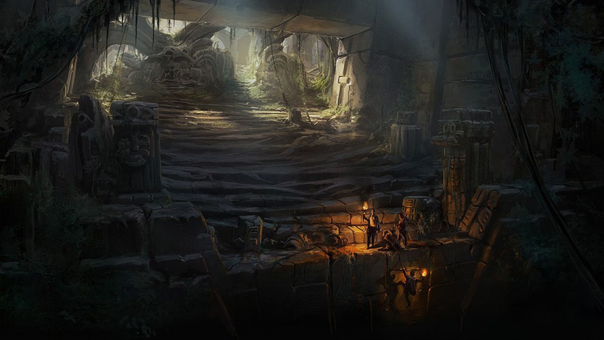 art, wallpap, torchlight, rocks, ruins, plants, abyss, hd, x, mayan, climbing, sculpture, Trees, 1080P, nature, stones, holes, HD Wallpaper