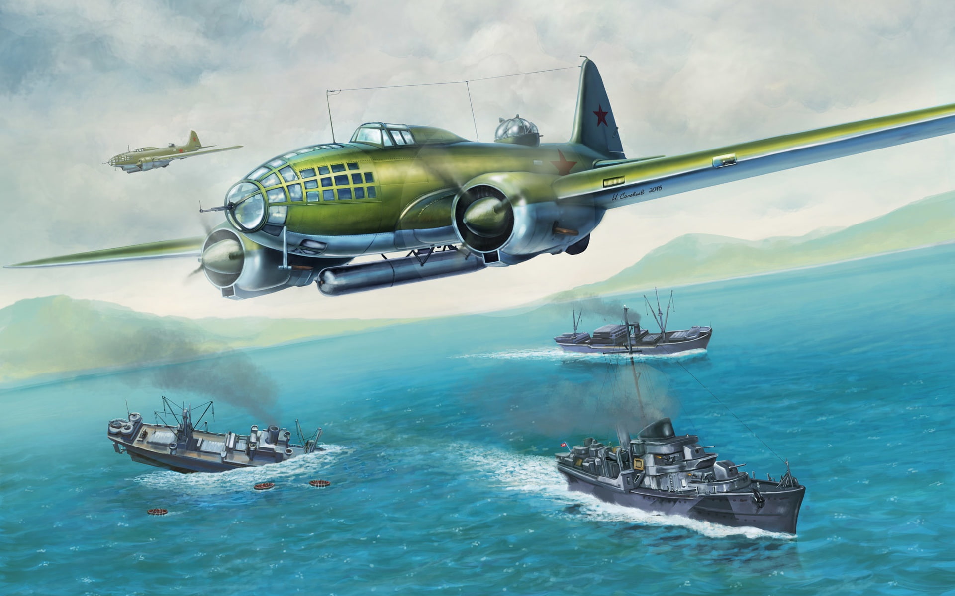 Aircraft WWII, USSR, by Igor Solovyev, WWII, Suppliers, Il 4, Sea, Bob, Il-4, Art, Figure, Sank, Aircraft, The bombing, Bomber, 1080P, Igor Solovyev, HD Wallpaper