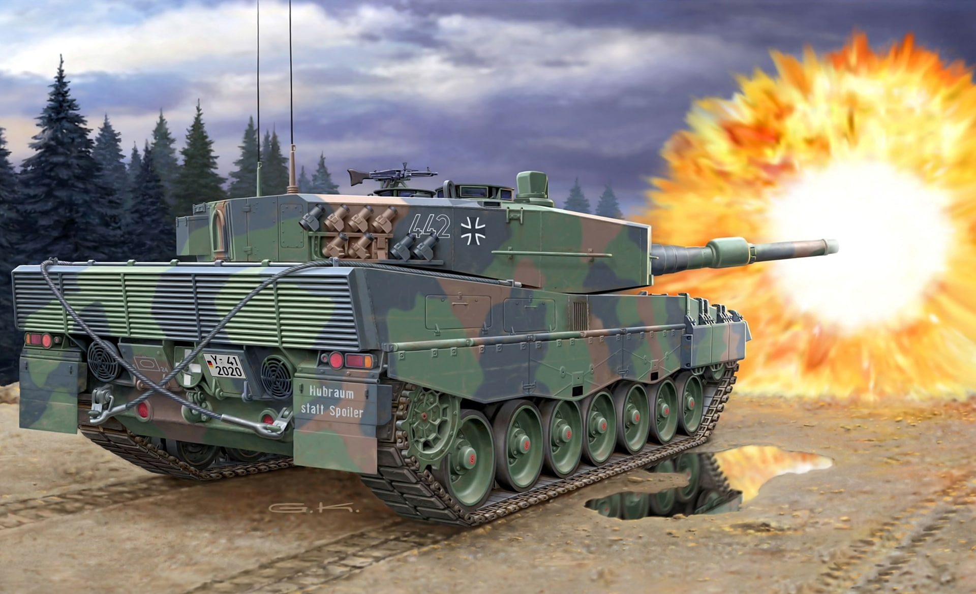 shot, puddle, Leopard 2A4NL, reflection, artist G. Klawek, combat, clouds, German, main, the sky, black, road, 1080P, trees, flame, camouflage, tank, illustration, HD Wallpaper