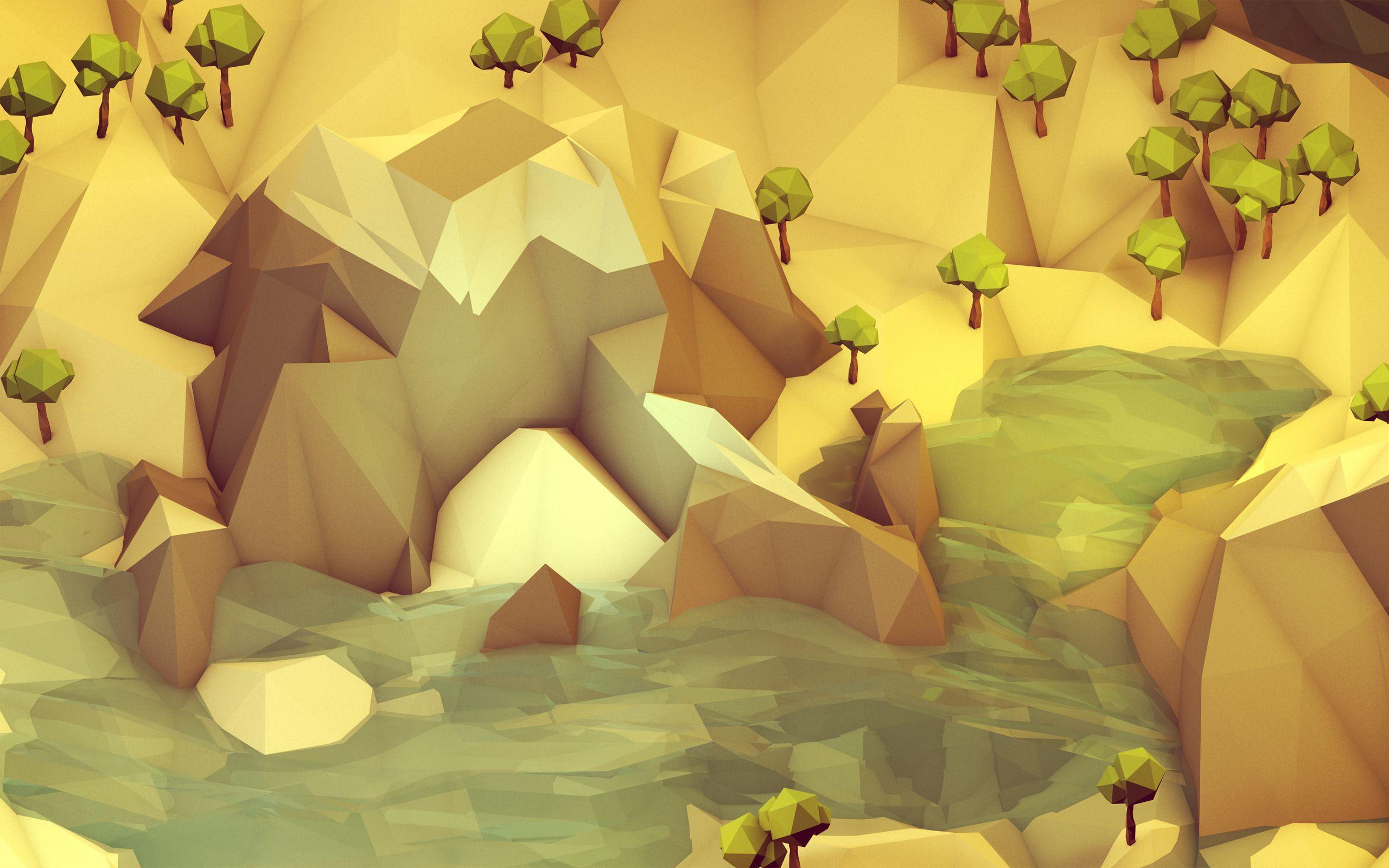 forest, 2K, pixel, polygon, landscape, mountain, vector, river, art, field, tree, 2560x1600, graphic, HD Wallpaper