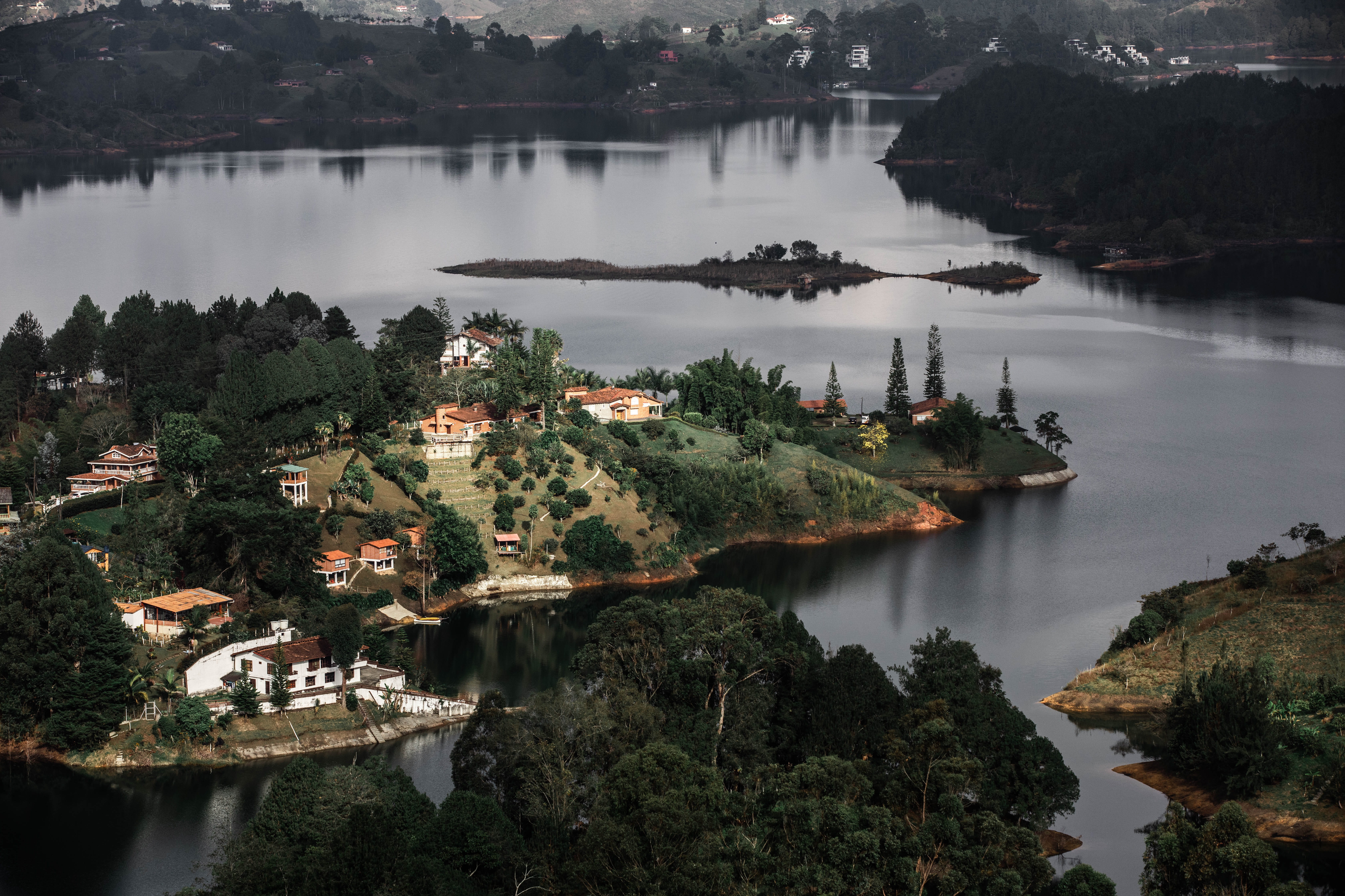 colombia, nature, island, ocean, building, scenery, day, shoreline, guatape, aerial view, no people, tree, tranquil scene, reflection, el peñol, scenics - nature, HD Wallpaper