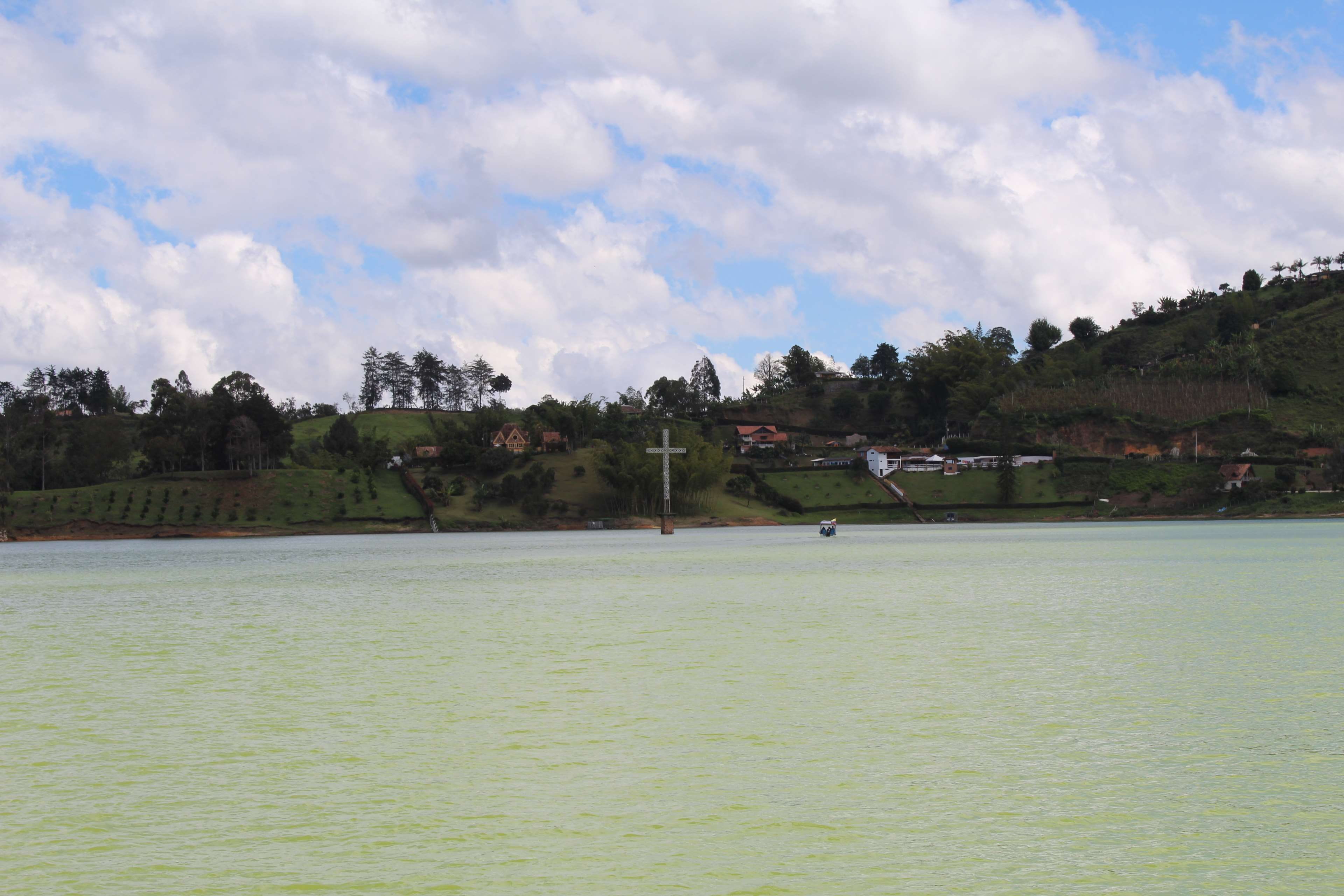 scenics - nature, guatape, building exterior, cross, plant, submerged church, no people, sky, day, green color, waterfront, blue sky, 4K, tree, built structure, HD Wallpaper