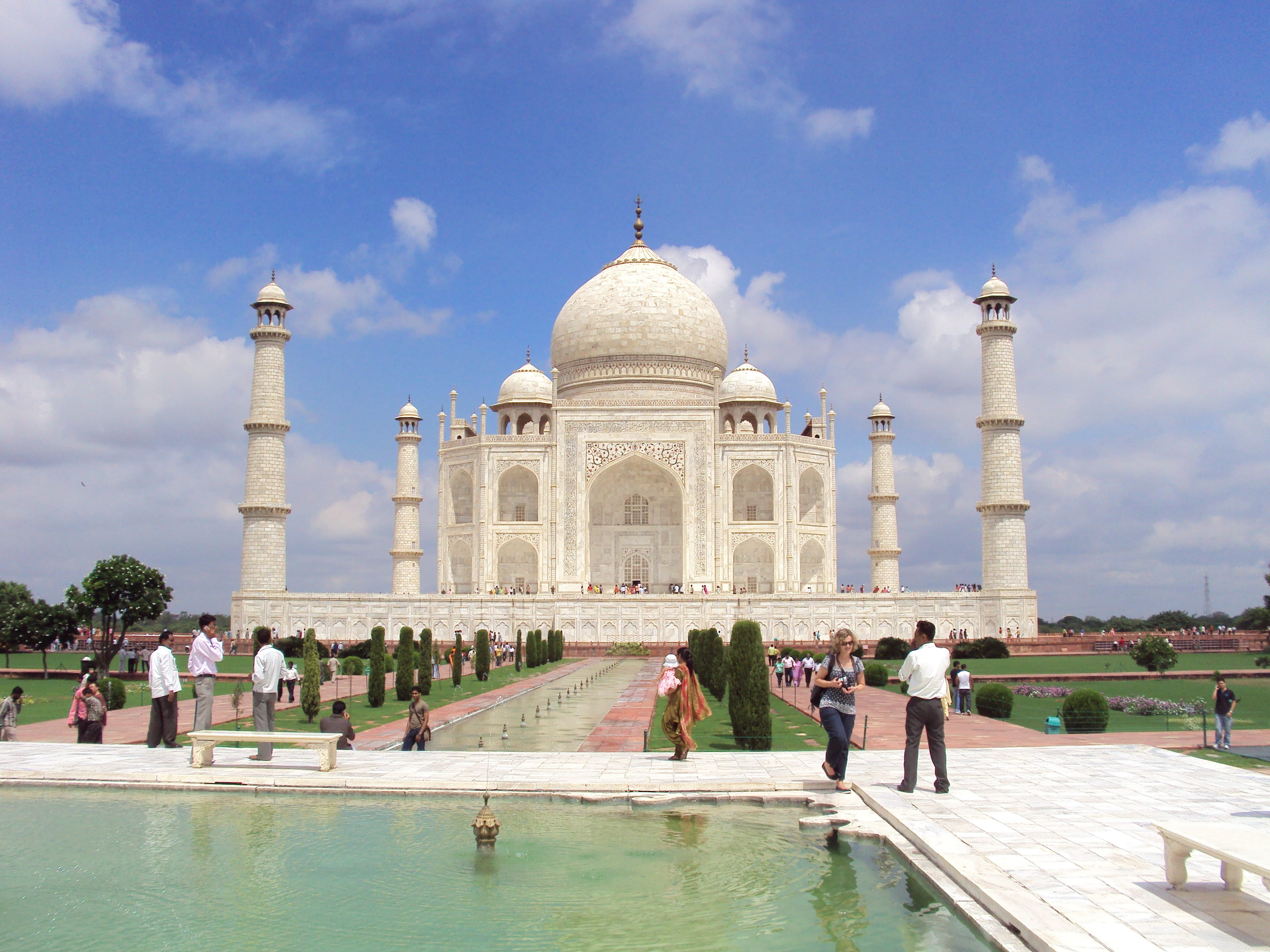 arch, india, building exterior, taj, Mausoleum, vacations, travel, architecture, travel destinations, 2K, tourism, water, group of people, mahal, crowd, HD Wallpaper