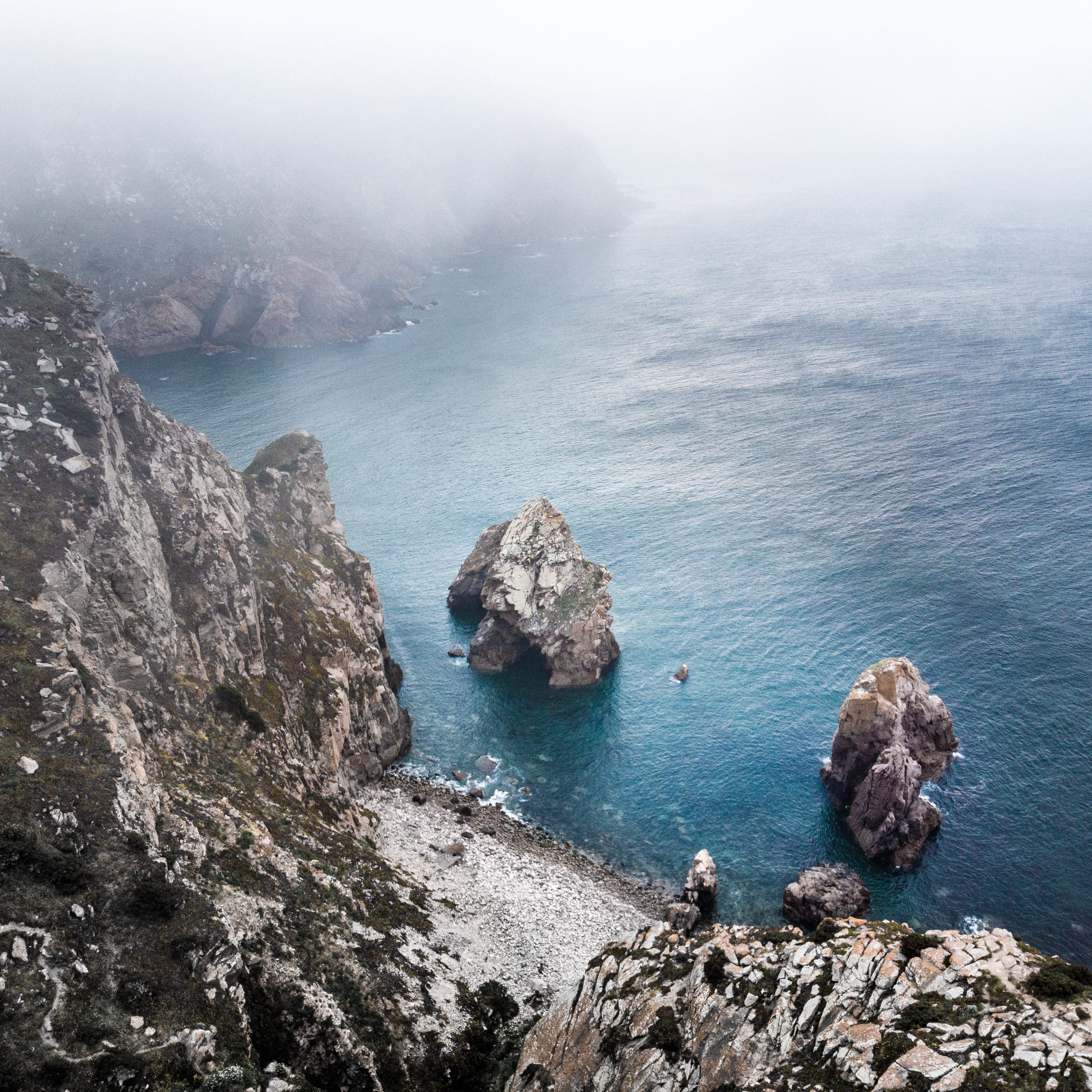 scenics - nature, rock - object, outdoor, sea, cold, idyllic, rocky coastline, gray, drone, bay, ocean, fog, beauty in nature, 2K, formation, high angle view, Phone HD Wallpaper