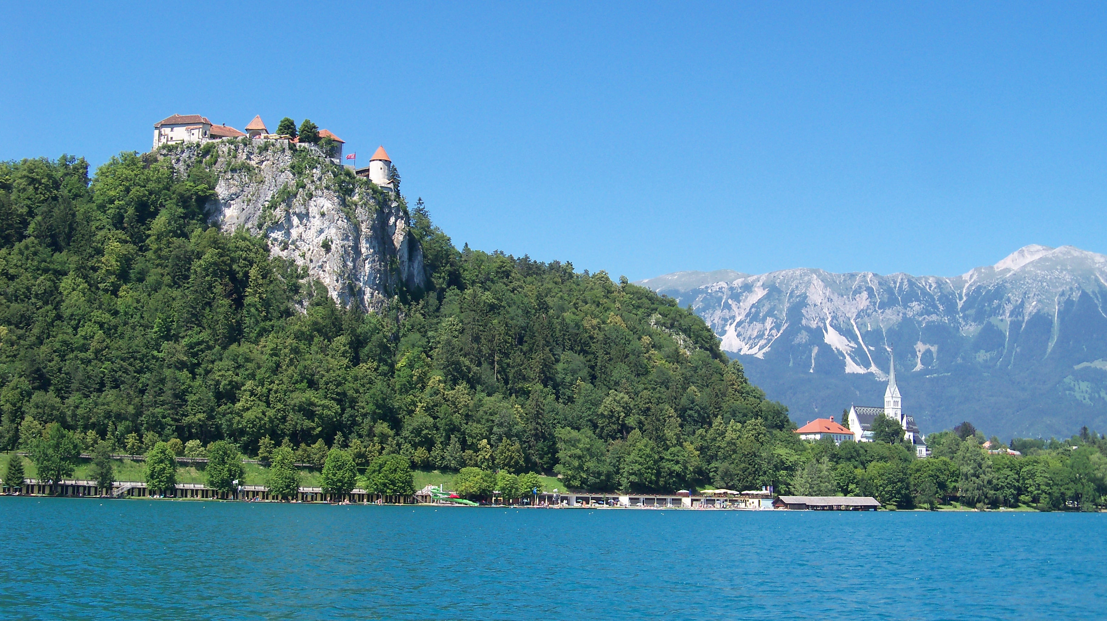 sky, 2K, travel destinations, architecture, lake, forest, built structure, scenics - nature, mountain, slovenia, beauty in nature, mountain range, building exterior, HD Wallpaper