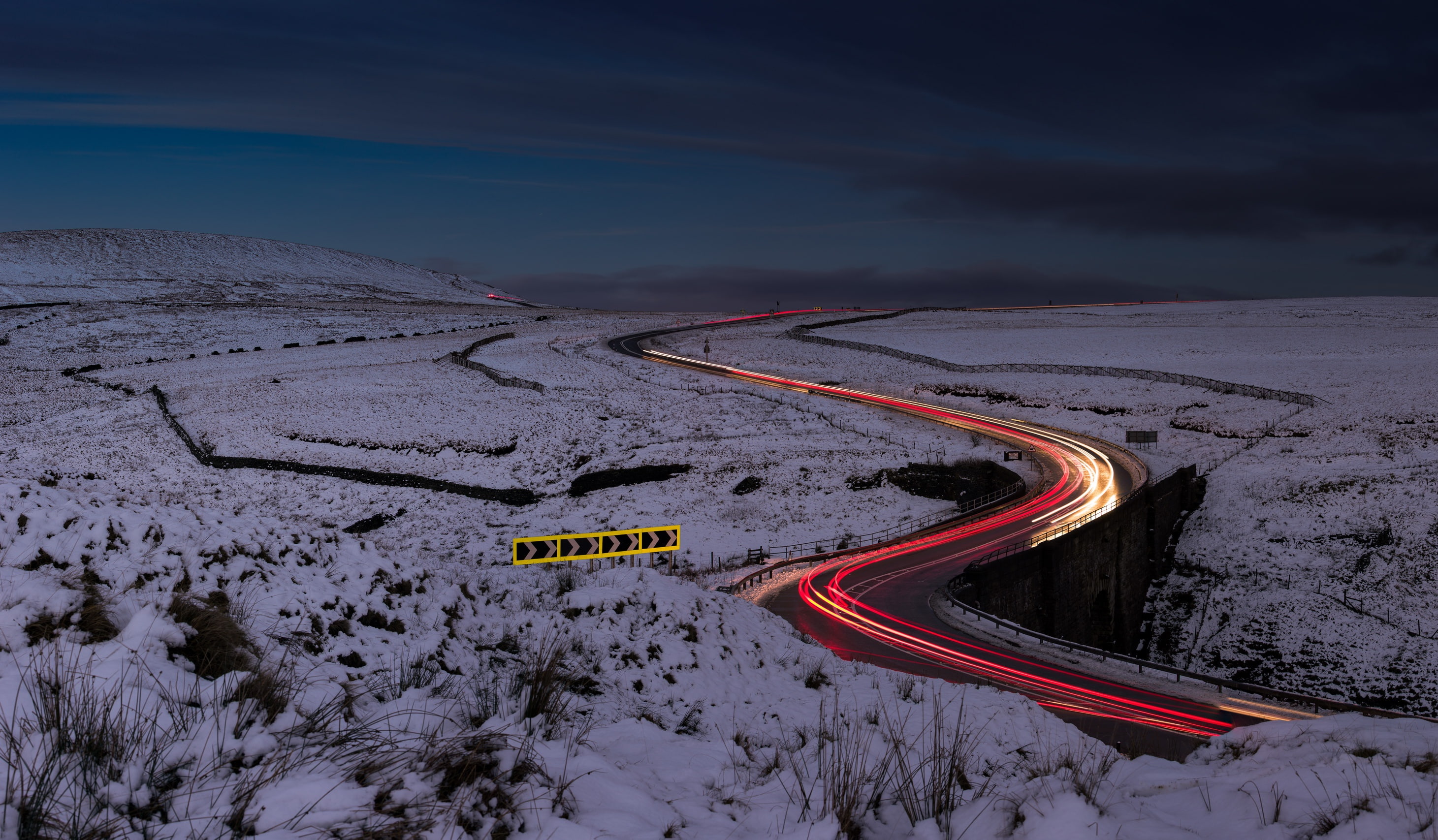 2K, winter, transportation, traffic, snow, light trails, scenics - nature, night, nature, beauty in nature, outdoors, illuminated, long exposure, mountain, HD Wallpaper