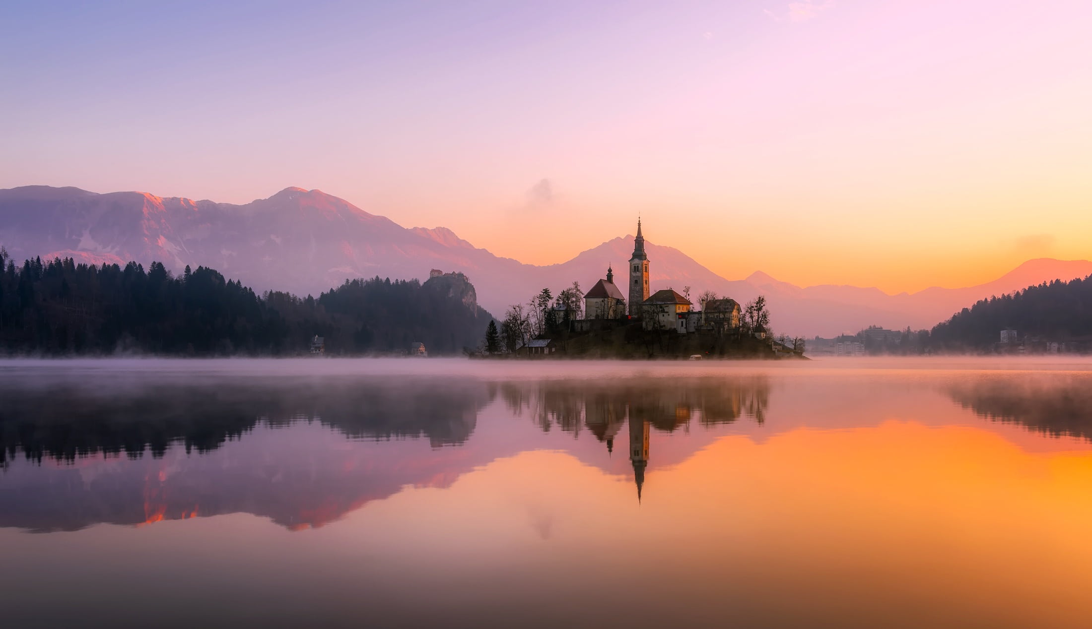 tranquility, environment, mountain, beautiful, architecture, reflection, castle, sky, woods, dawn, panorama, trees, tree, forest, no people, church, morning, HD Wallpaper