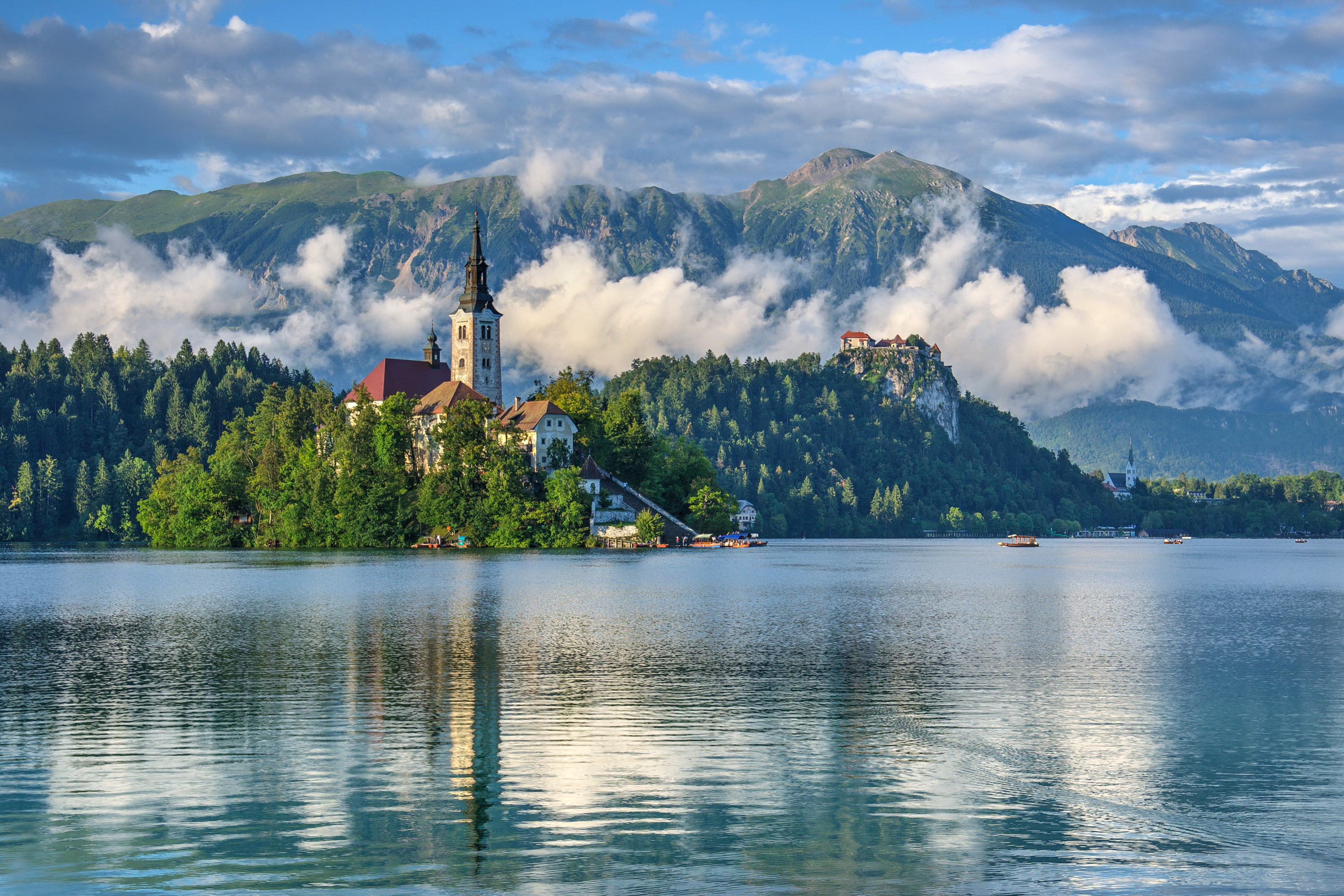 island, Slovenia, lake, Church, Lake Bled, mountains, 2K, HD Wallpaper