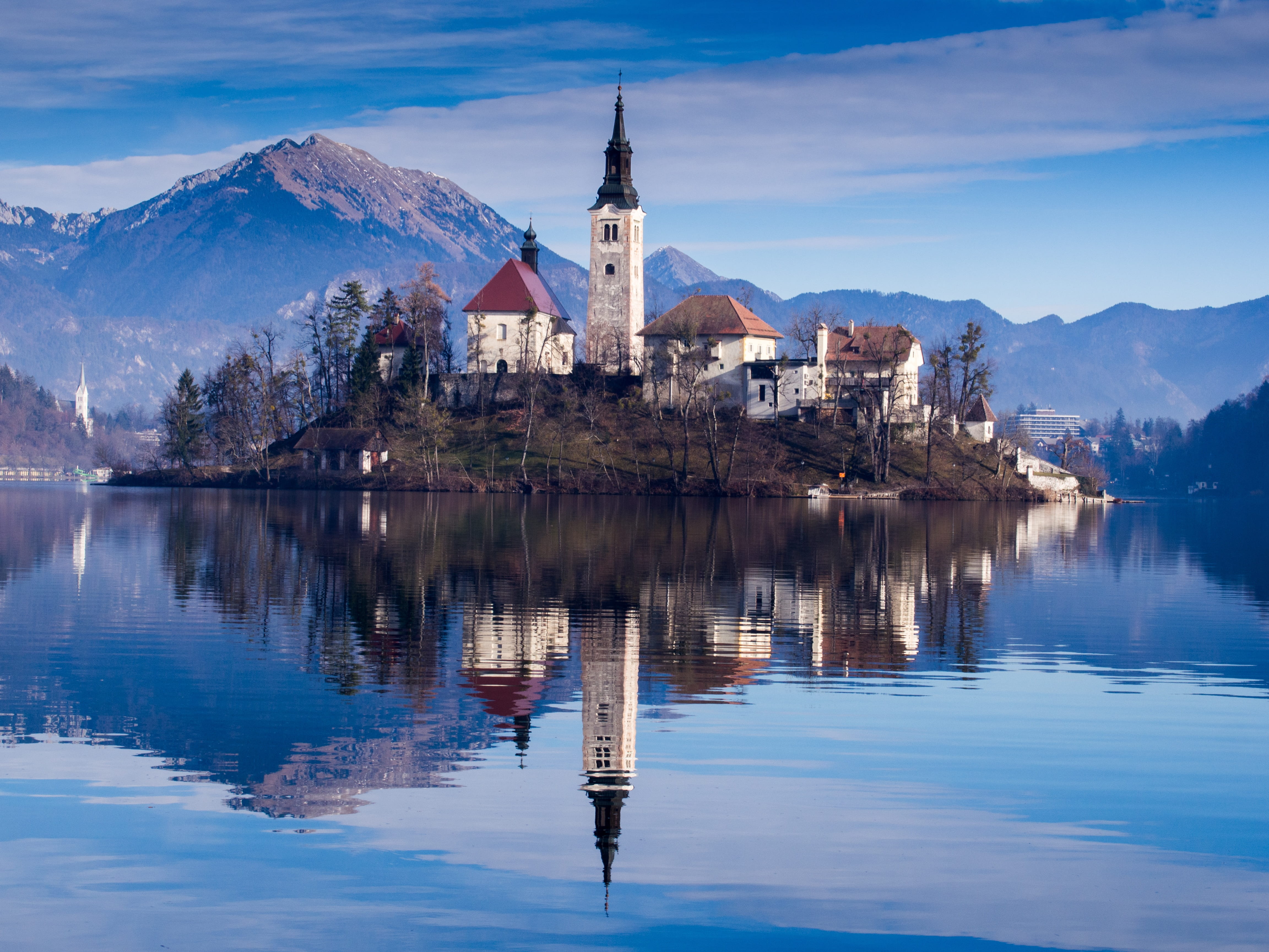 spire, bled, in the winter, waterfront, winter, reflection, outdoors, lake, quiet, water, 4K, landscape, mountain range, spirituality, in the morning, HD Wallpaper