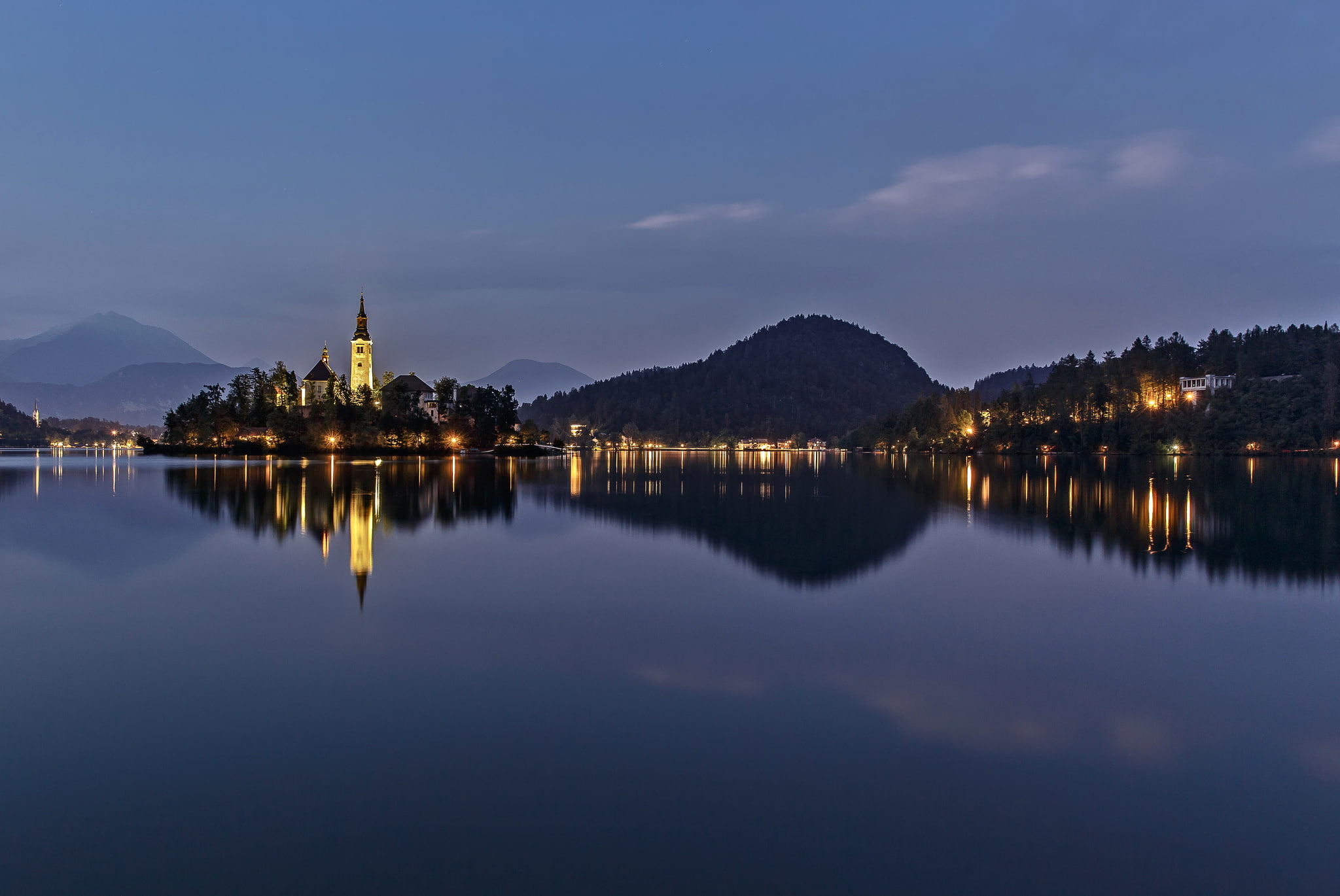 Slovenia, 1080P, island, lake bled, night, mountains, Church, lights, nature, HD Wallpaper
