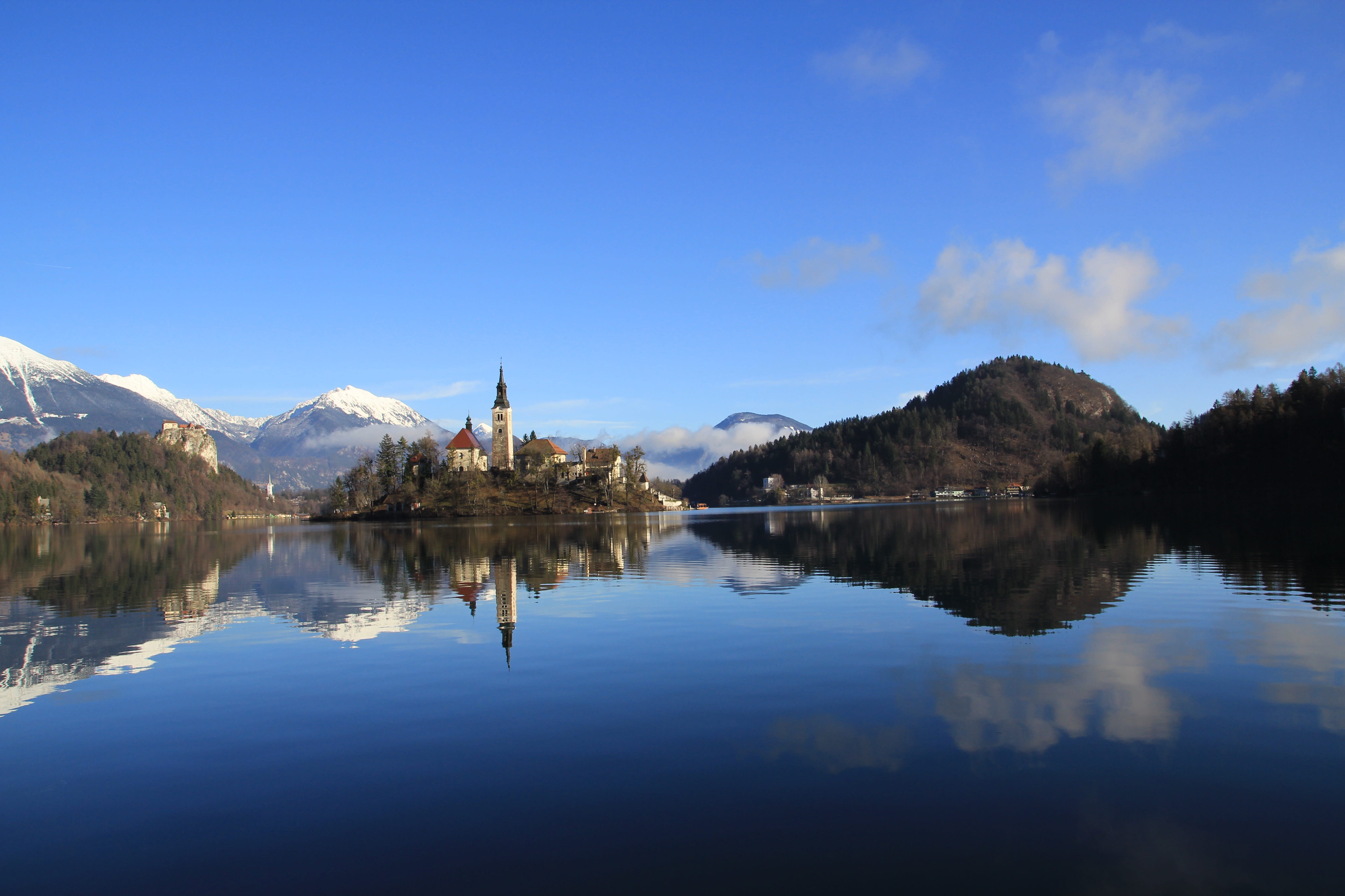 no people, tourist, bled, nature, landscape, alpine, castle, tower, sky, island, near, idyllic, europe, reflection lake, tranquil scene, autumn, reflection, HD Wallpaper