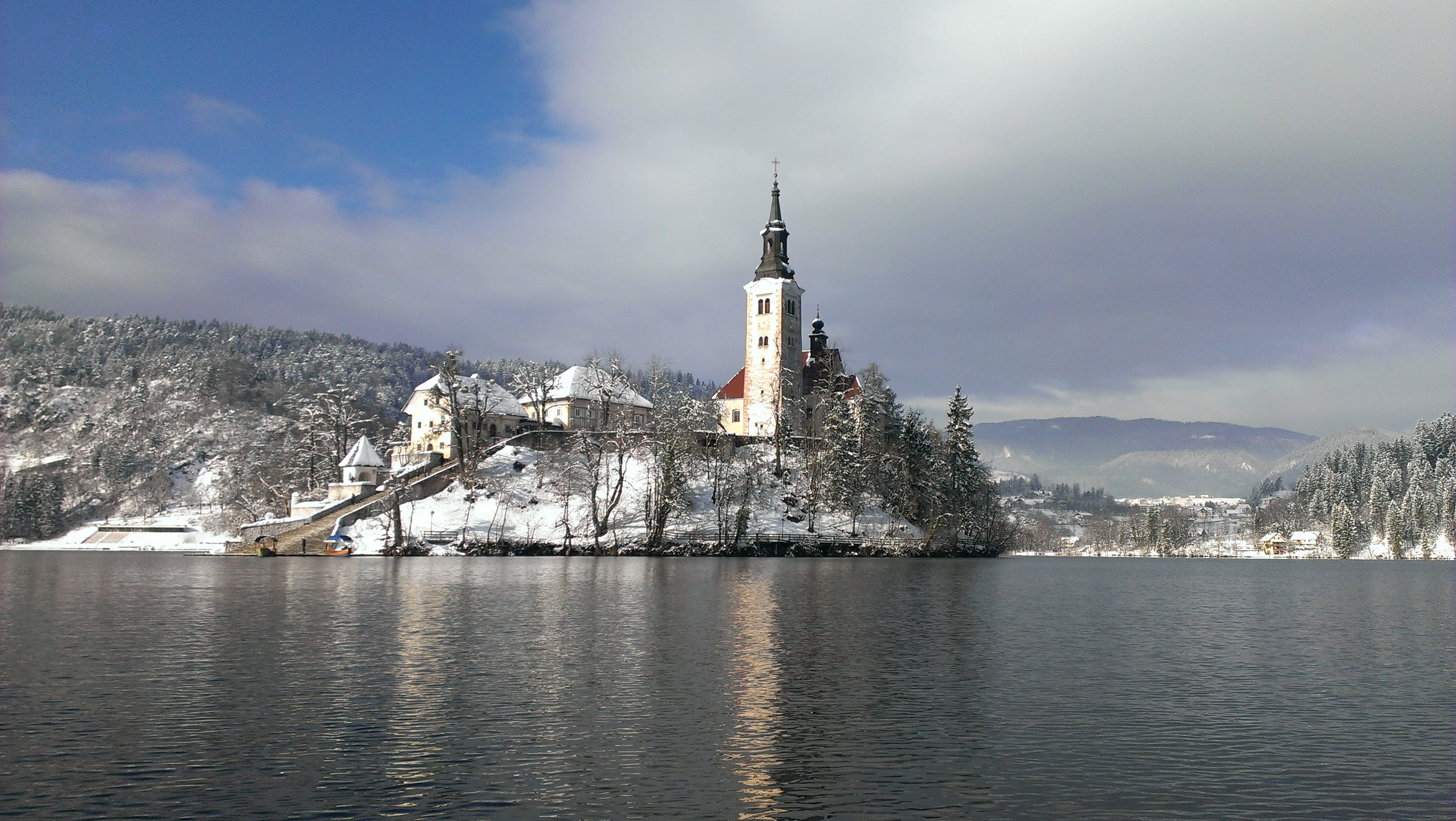 slovenia, sky, built structure, place of worship, building, nature, winter, scenics - nature, cloud - sky, spire, lake, lake bled, water, building exterior, HD Wallpaper