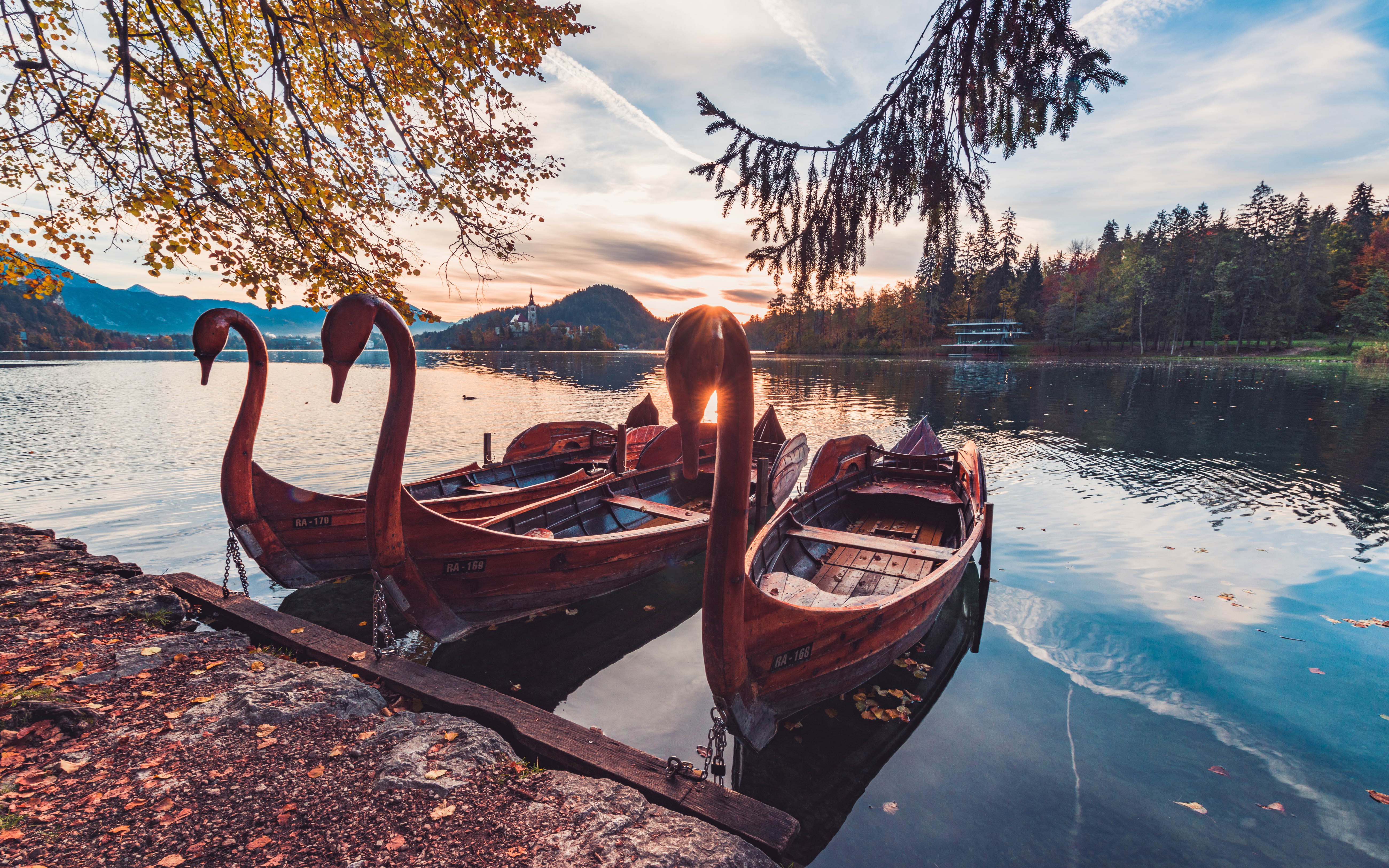 hd, boats, android, 5K, sun, swan, slovenia, lake, desktop, landscape, tablet, bled, phones, morning, autumn, HD Wallpaper