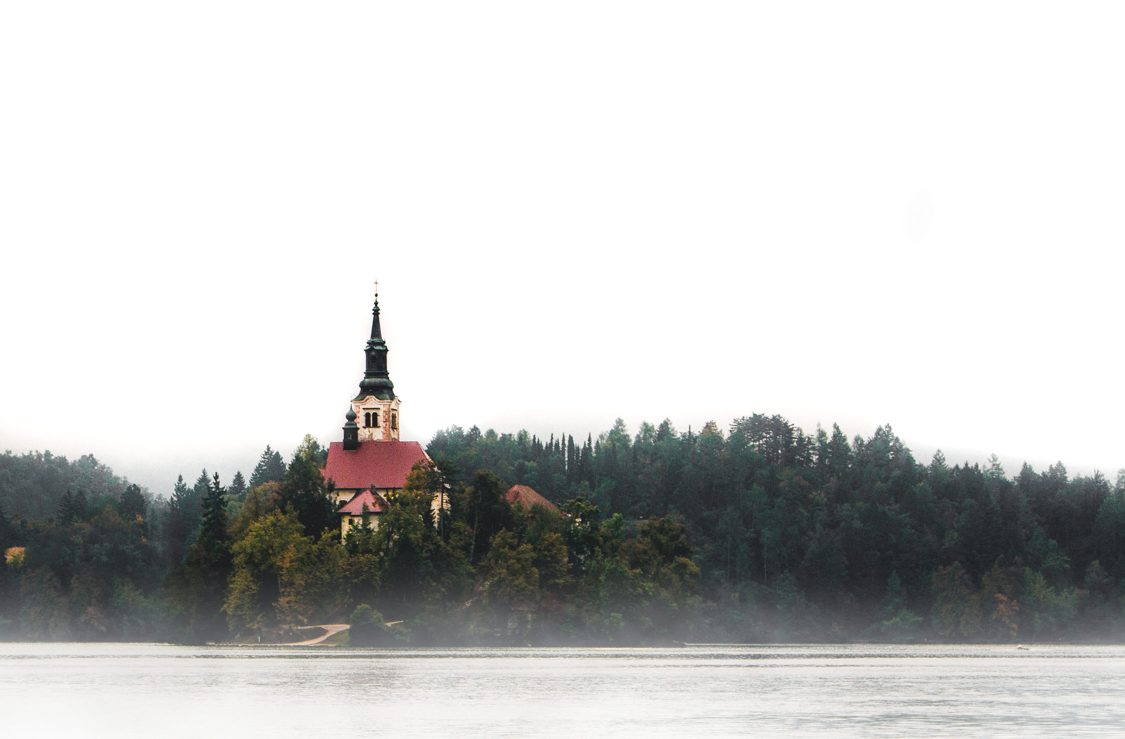 tower, retro, mist, tree, bled, trees, plant, sky, 4K, no people, outdoors, building, photoshop, peaceful, place of worship, fog, unknown, beautiful, copy space, HD Wallpaper