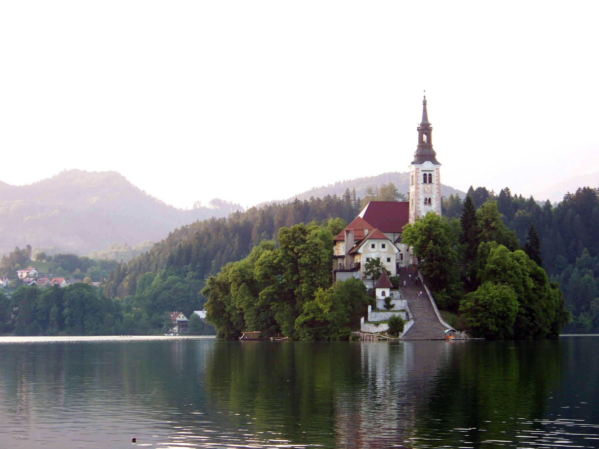 building, river, built structure, tower, mystical, the gorenjska region, kranjska gora, no people, nature, landscape, reflection, chapel, water, spire, HD Wallpaper