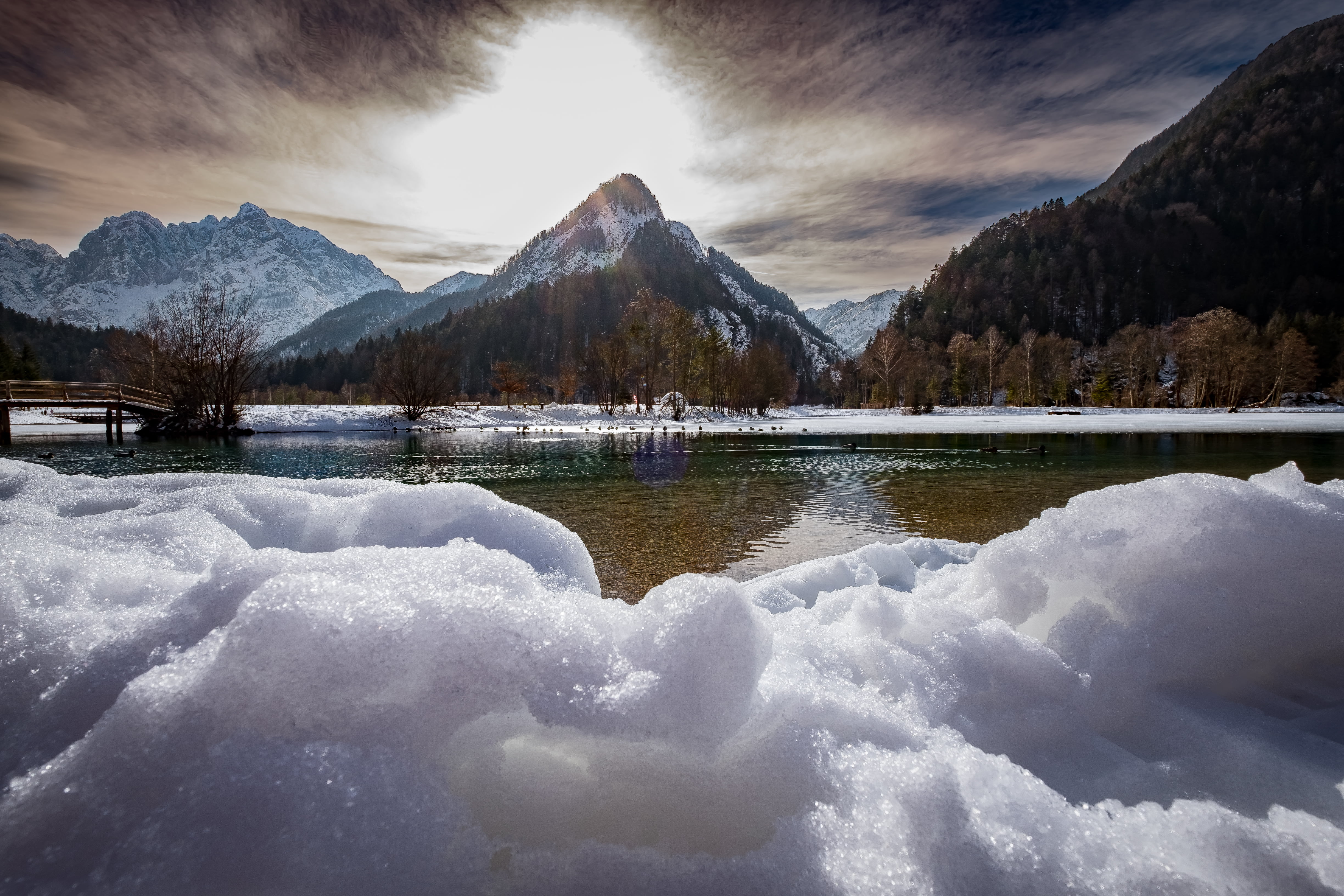 water, daytime, reflection, outdoors, Lake, photography, winter, sky, forest, mountain, Jasna, kranjska gora, panoramic, clouds, nature, panoramic photography, HD Wallpaper