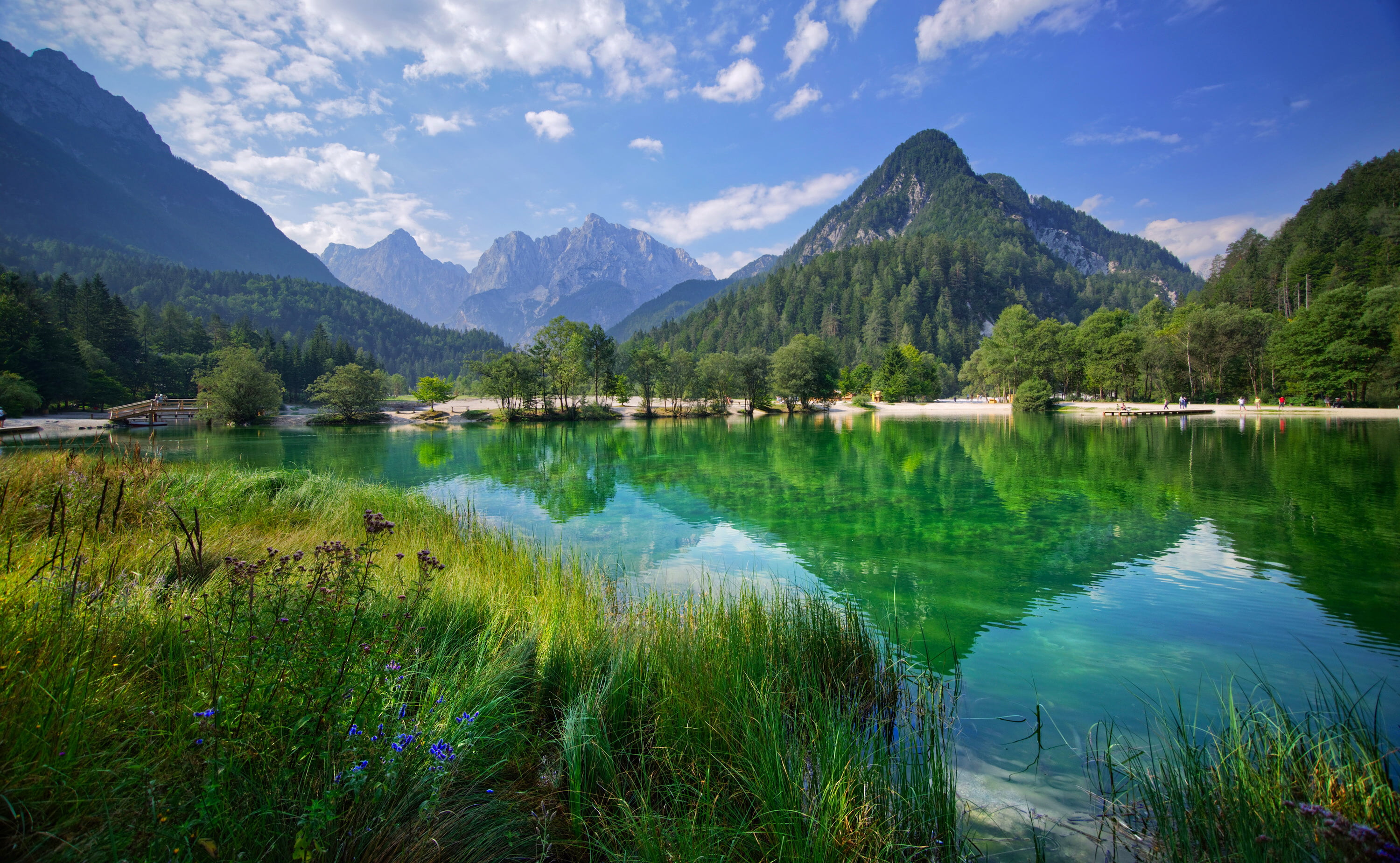 lake, Lake Jasna, Slovenia, reflection, Lake Clear, trees, mountains, Kranjska Gora, 2K, The Julian Alps, Julian Alps, HD Wallpaper