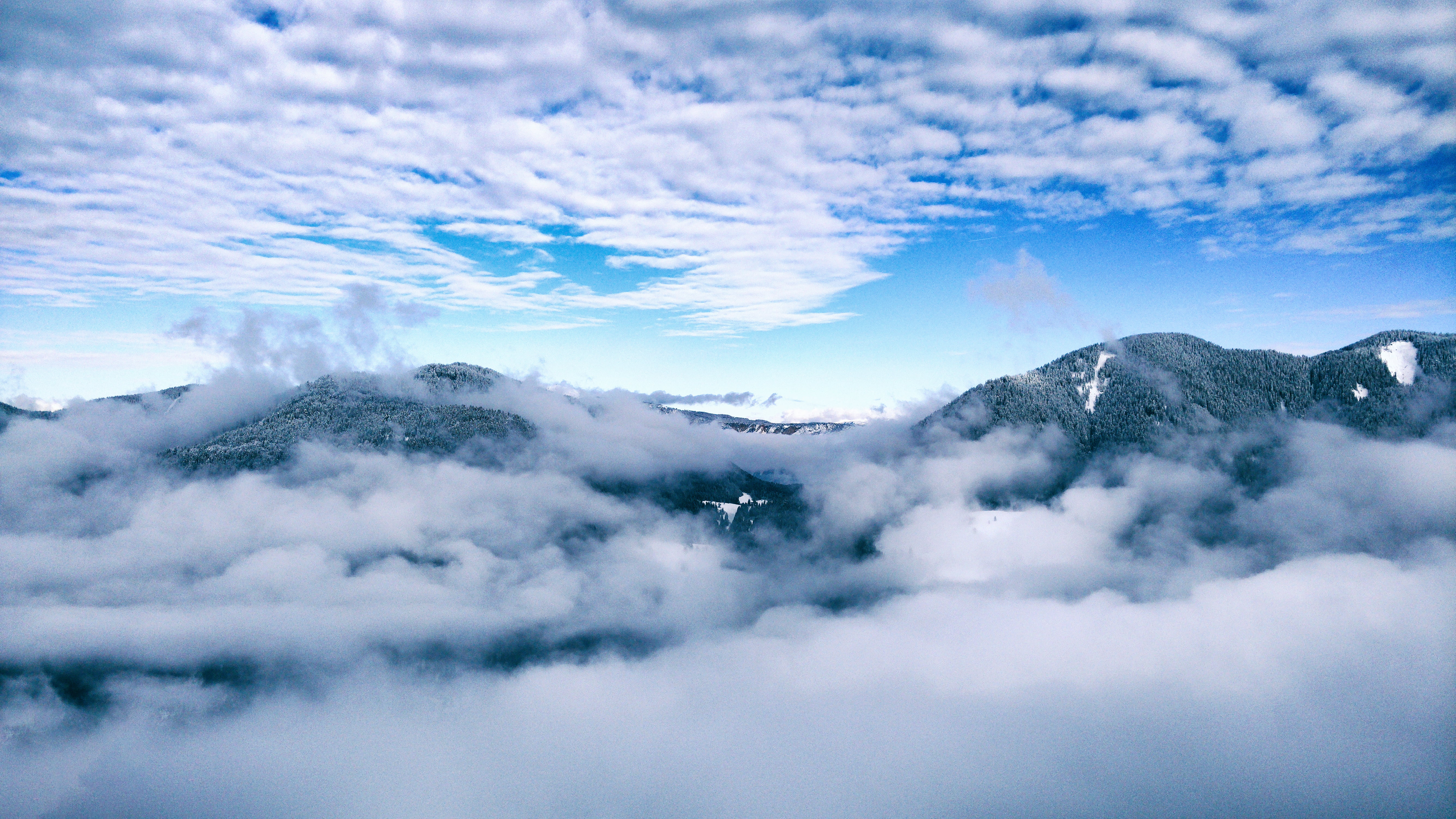 aerial photography, surrounded, white, mist, citrus, blue, cloud - Sky, mountain, snow, vivid  blue, outdoors, clouds, black, forest, slovenia, Rolling, HD Wallpaper