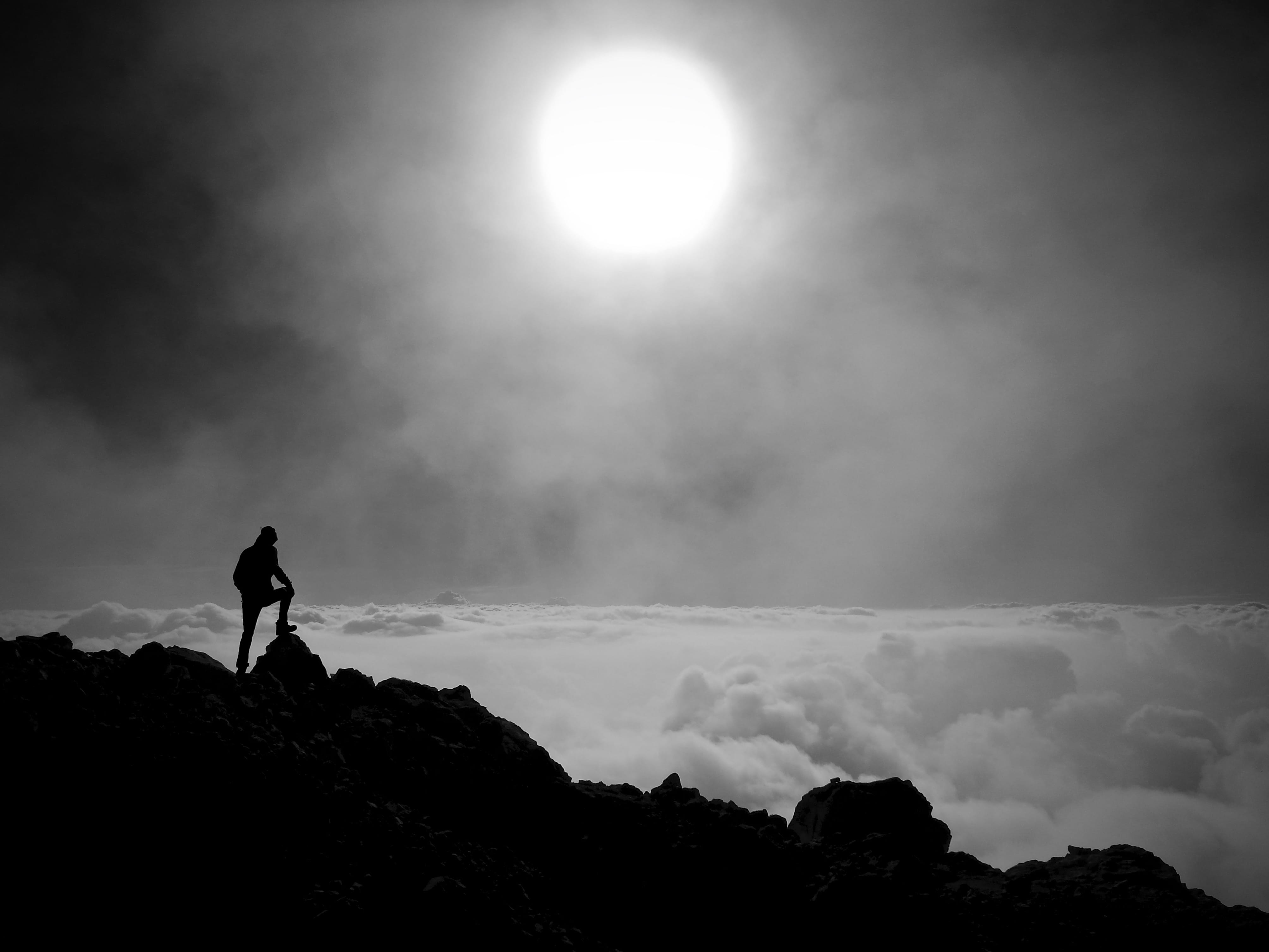rock, real people, beauty in nature, men, looking at view, mountain, travel, triglav, nature, silhouette, cloud - sky, tranquil scene, full length, tranquility, HD Wallpaper