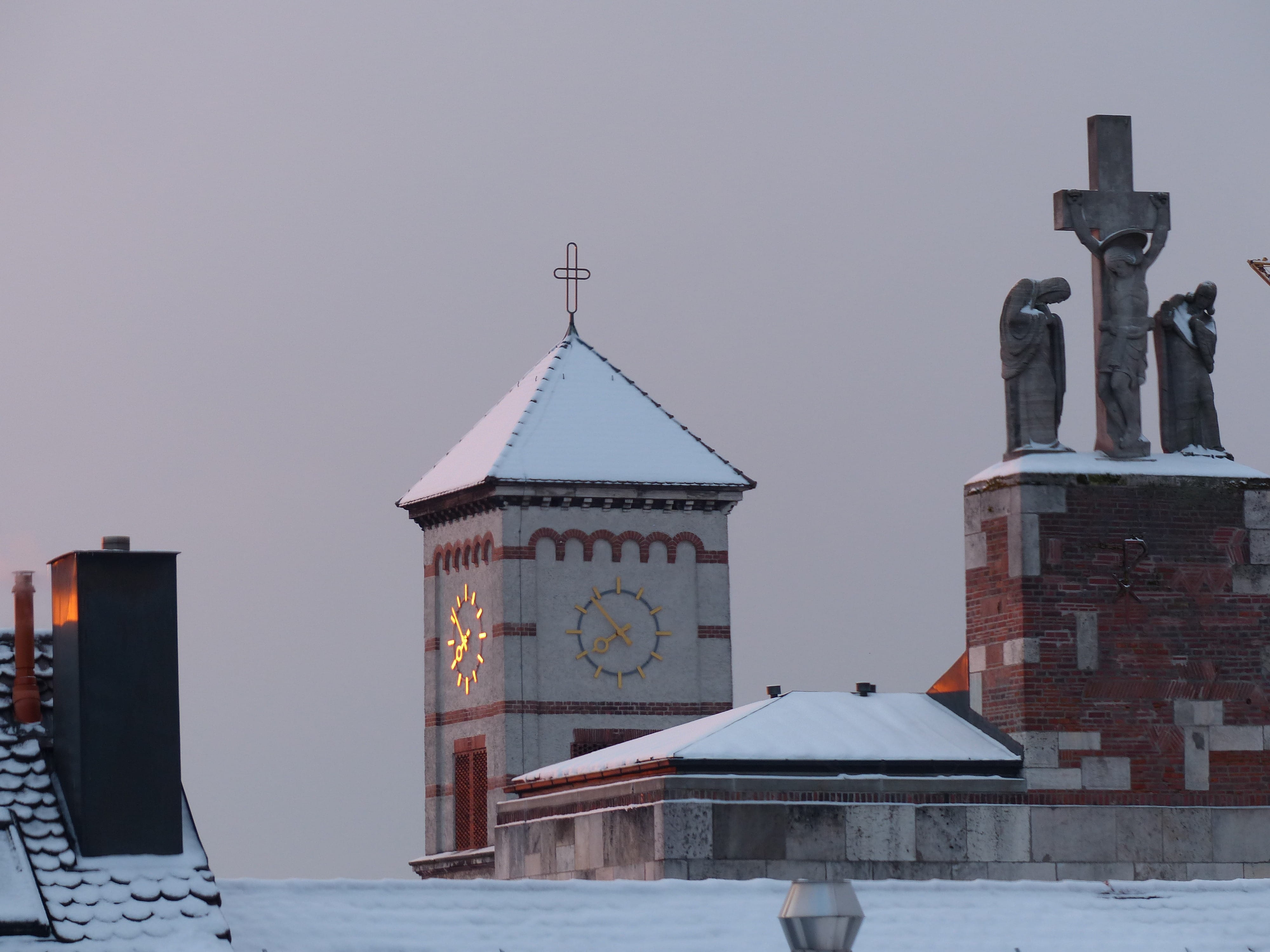 catholic, belief, church, new ulm, nature, place of worship, Winter, no people, religion, Church, maria, clear sky, clock, snow, Snowy, built structure, HD Wallpaper