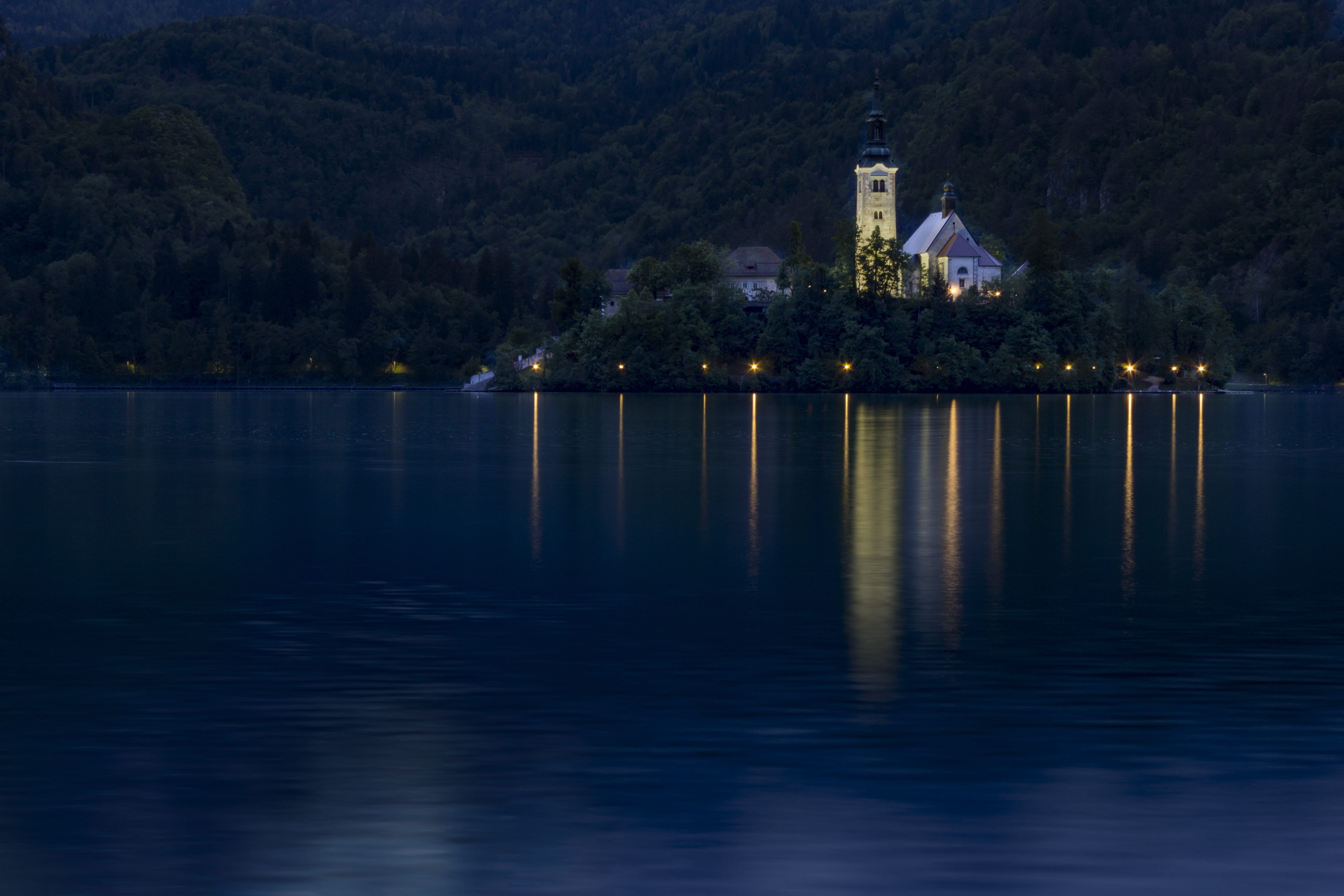 building, belief, nature, no people, beauty in nature, lights, 5K, water, pond, architecture, plant, reflection, illuminated, bled, place of worship, waterfront, HD Wallpaper