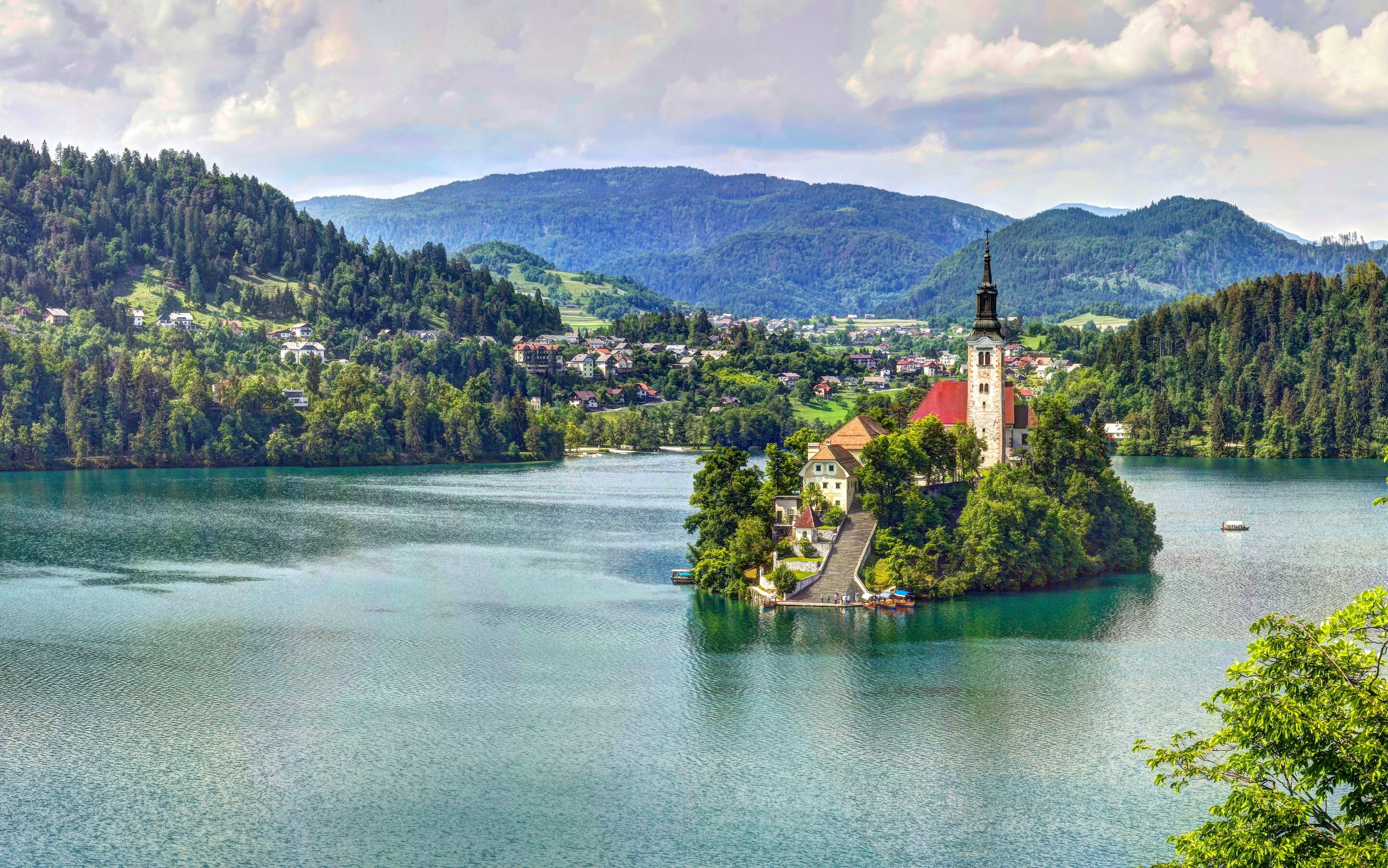 lake, mountains, Church, Slovenia, St. Marys Church, 2K, Lake Bled, island, HD Wallpaper