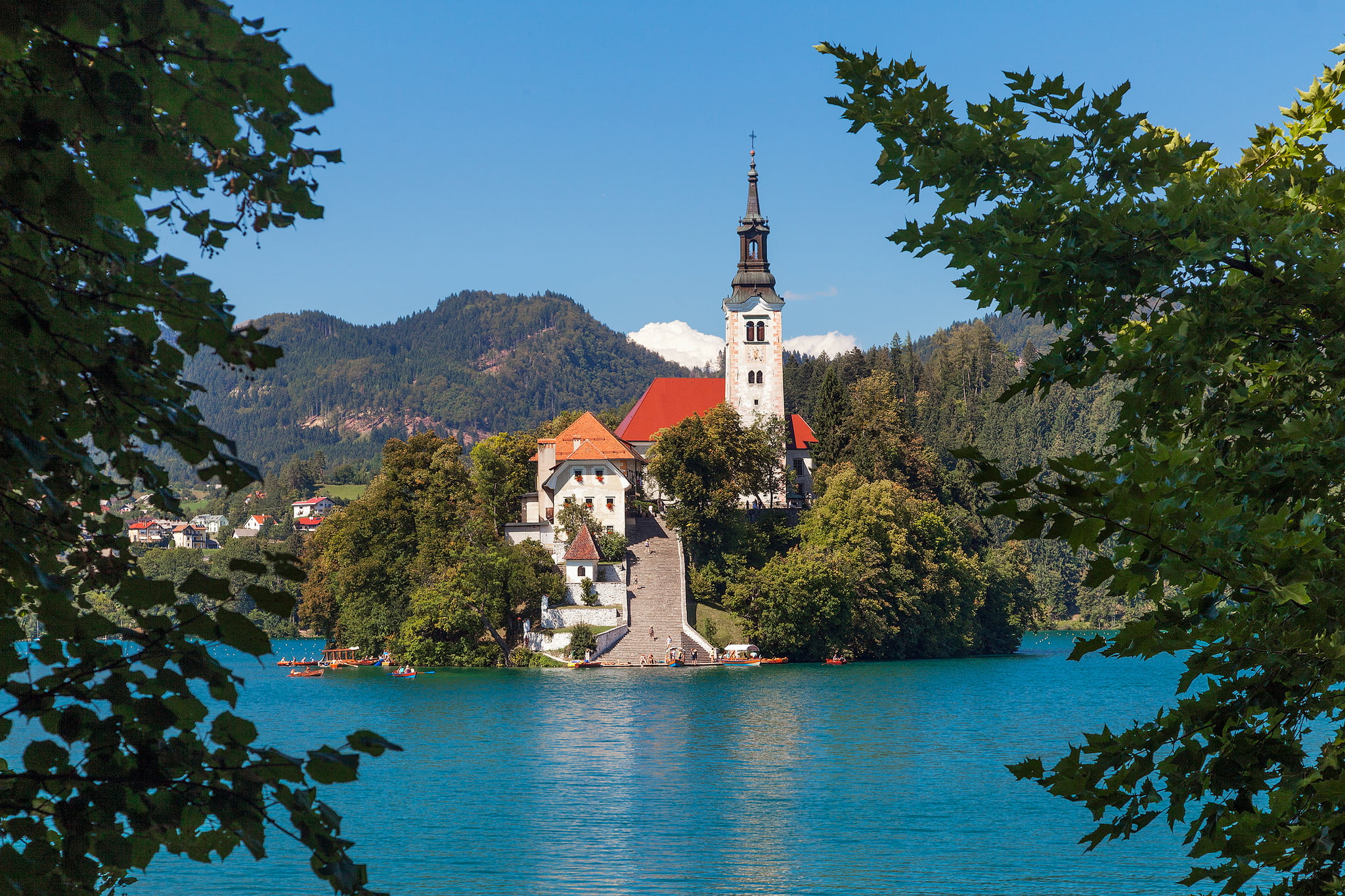 built structure, building exterior, no people, Assumption of Mary Pilgrimage Church, Lake Bled, day, tower, plant, belief, 1080P, spire, tree, travel destinations, HD Wallpaper
