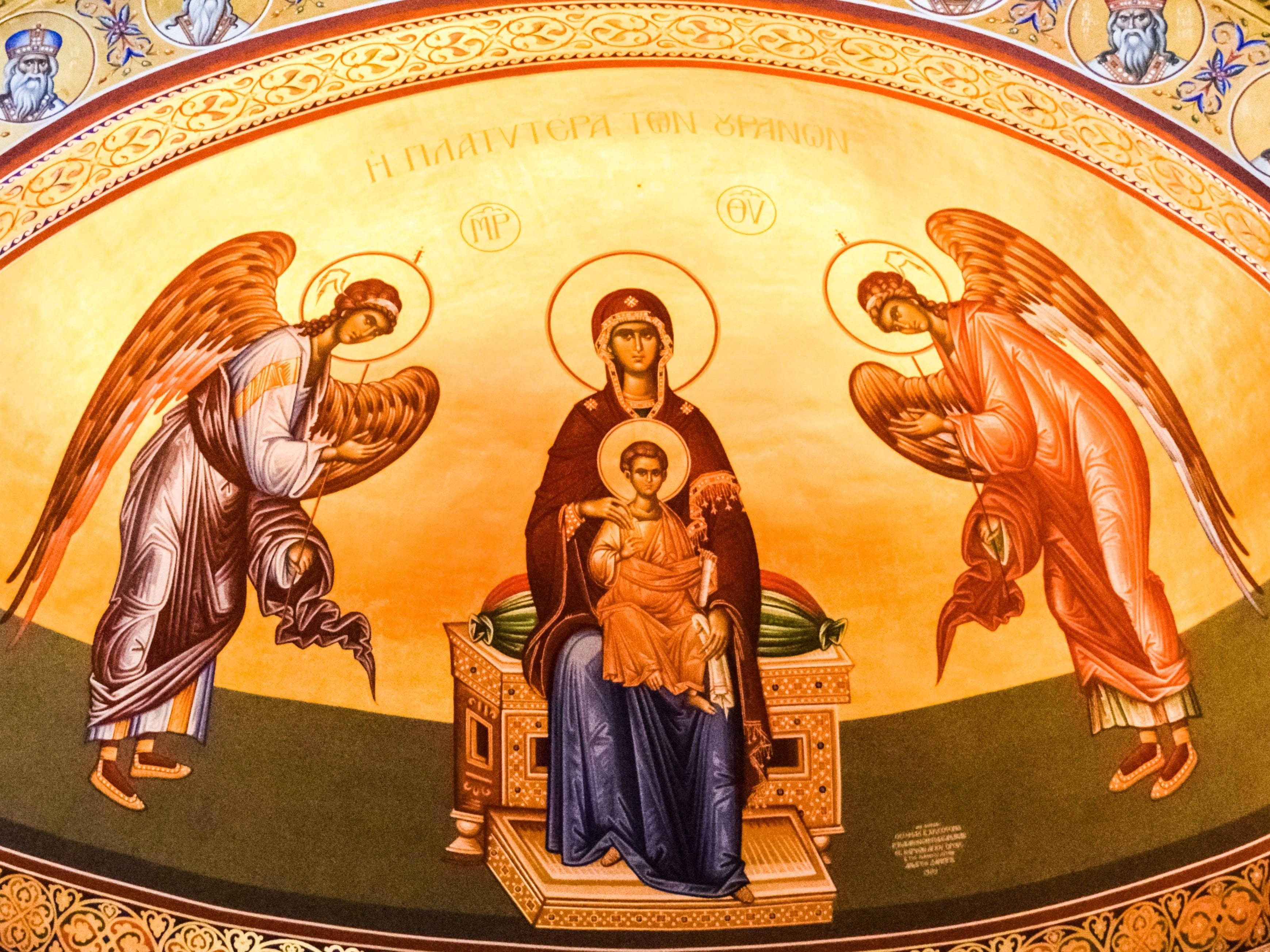 virgin mary, architecture, 2K, place of worship, building, fresco, human representation, travel destinations, mural, greece, built structure, iconography, HD Wallpaper