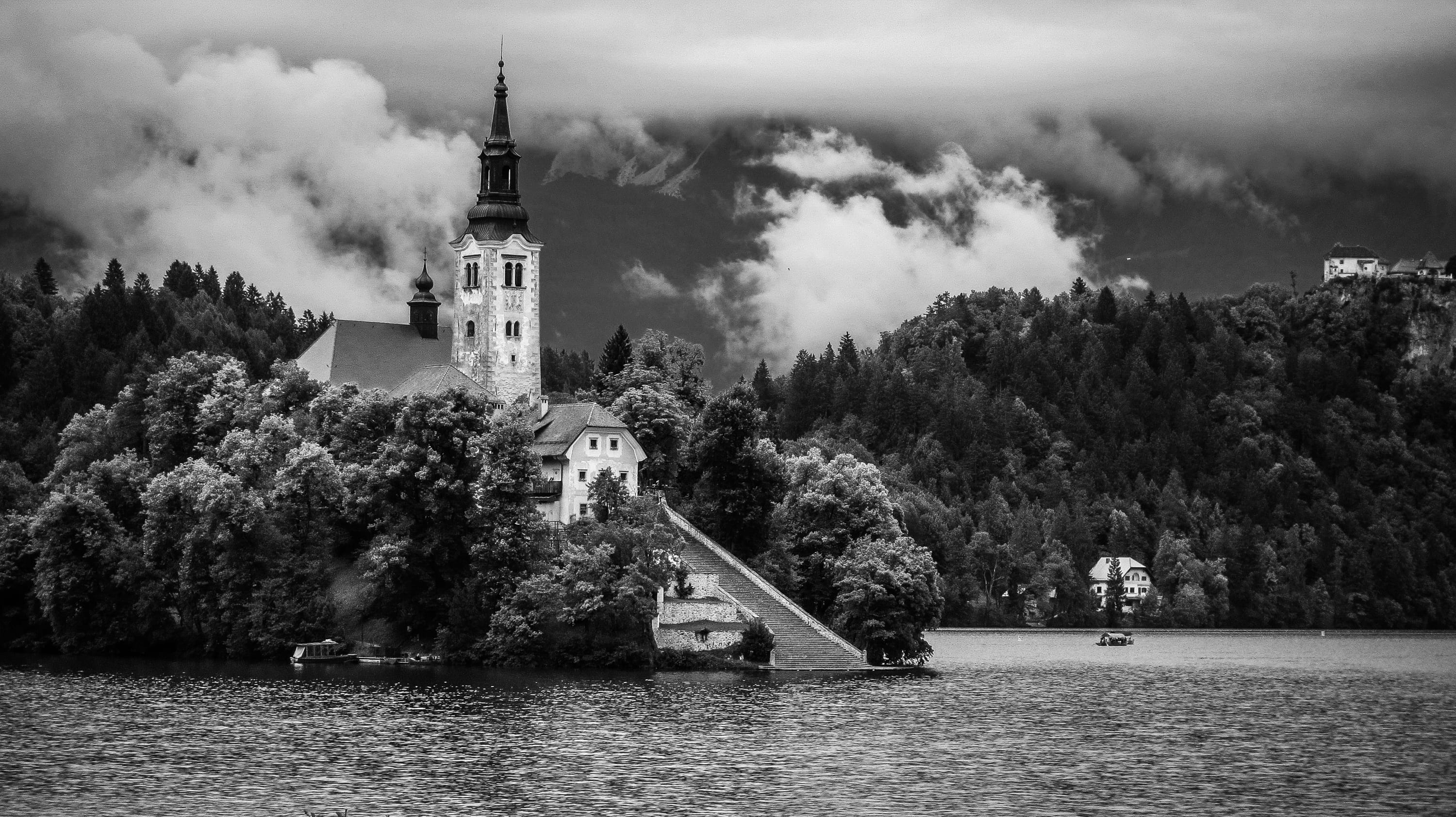 architecture, 2K, travel destinations, building exterior, tower, landscape, plant, near, structure, surrounded, no people, graycale, nature, outdoors, HD Wallpaper