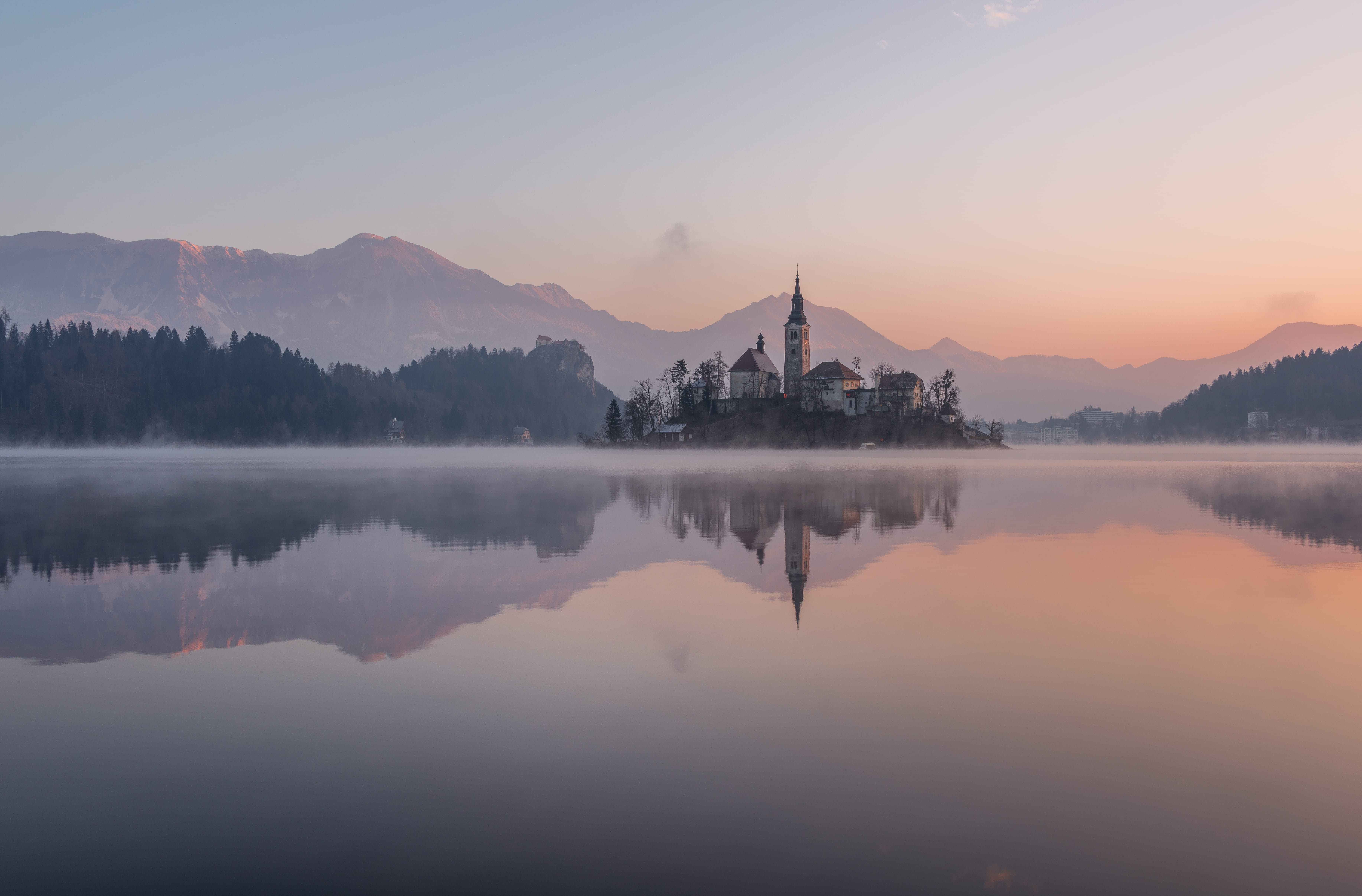 religion, water, travel, island, reflection lake, panoramic, tree, waterfront, concrete, sunrise - Dawn, mountain range, idyllic, landscape, travel destinations, HD Wallpaper