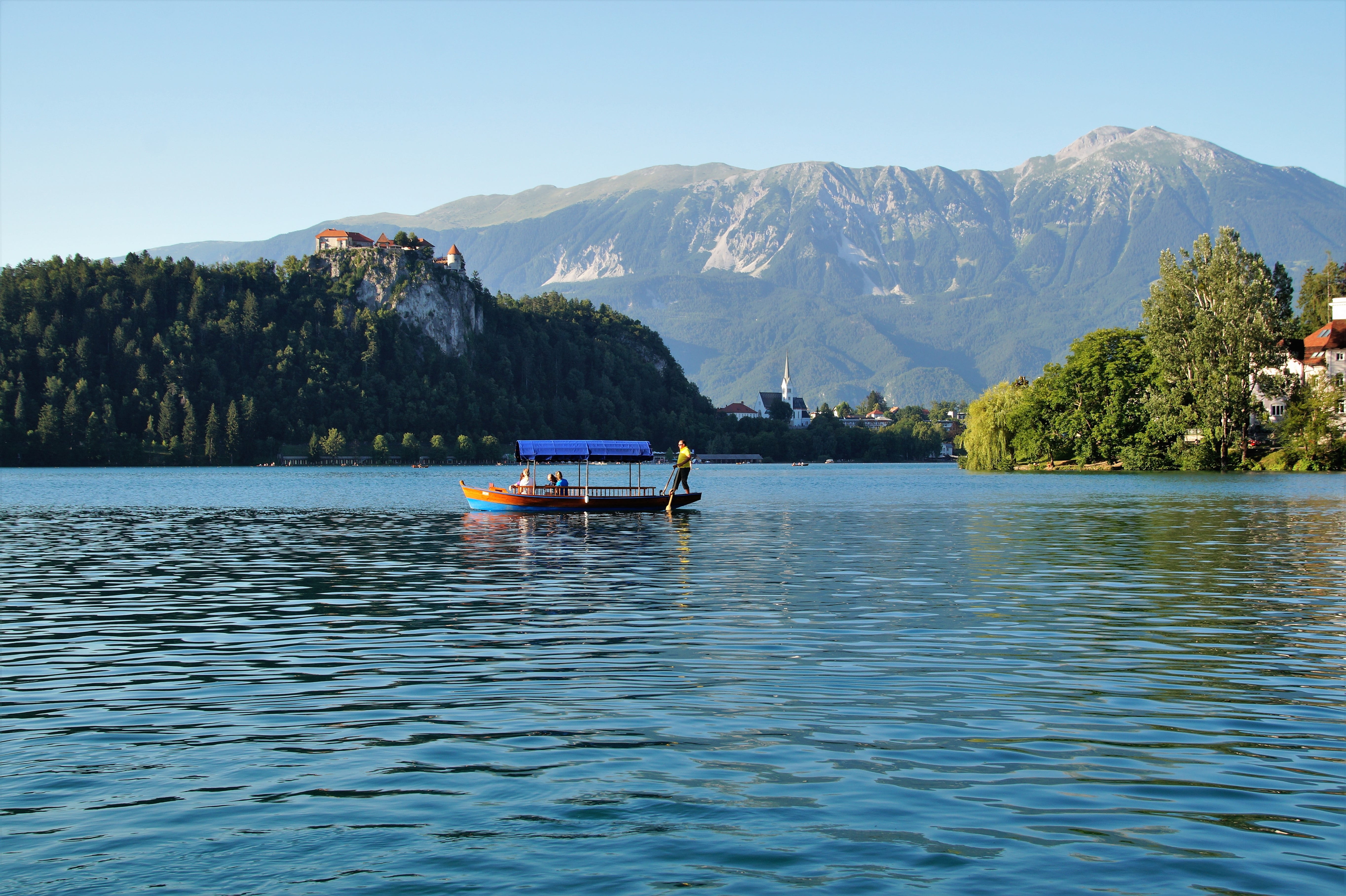 bledský castle, travel, day, transportation, nature, bled, tree, passenger craft, waterfront, panorama, mountain, scenics - nature, mode of transportation, HD Wallpaper