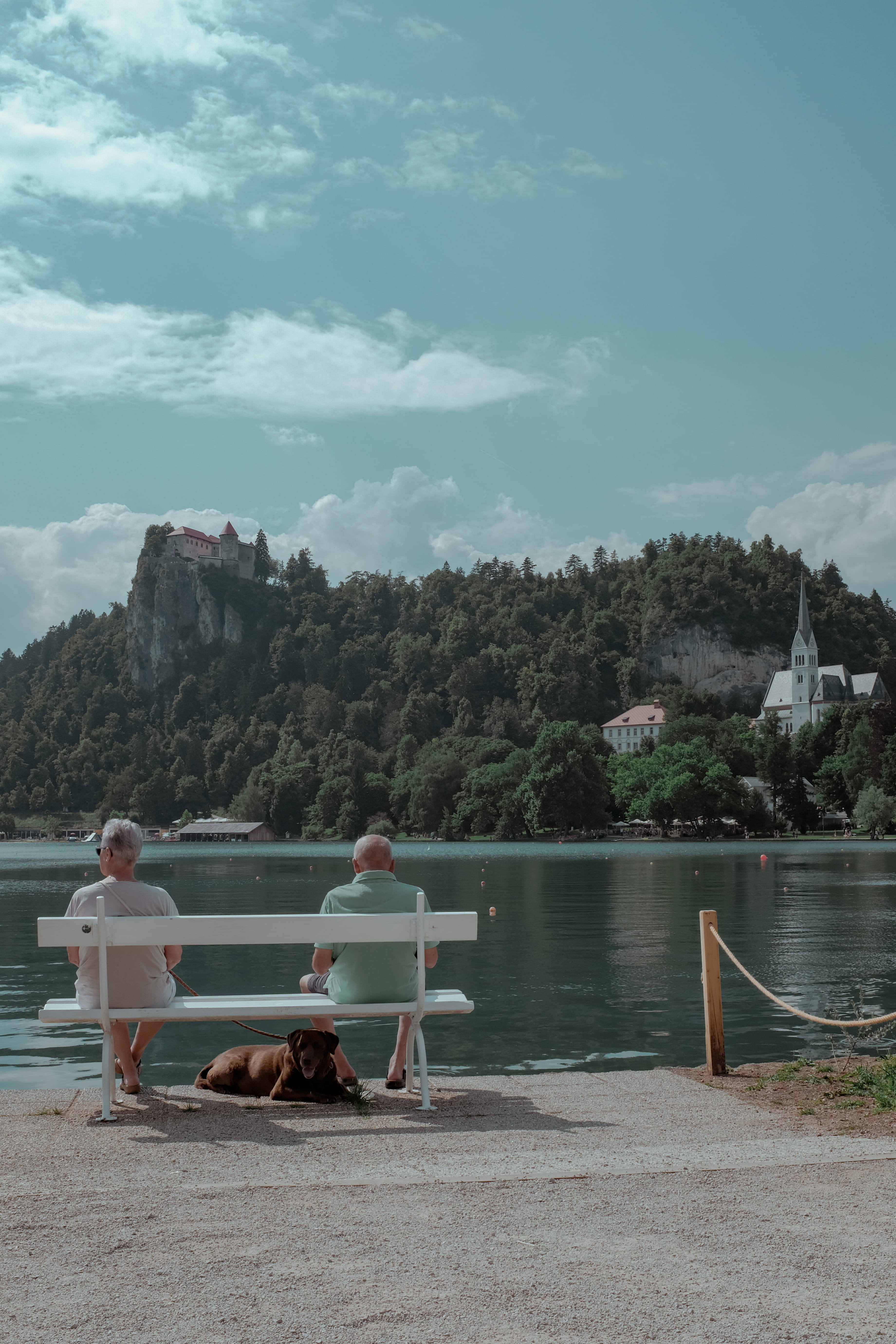 lake, two people, water, forest, plant, cloud - sky, castle, outdoors, leisure activity, sky, positive emotion, real people, slovenia, nature, lake bled, Phone HD Wallpaper