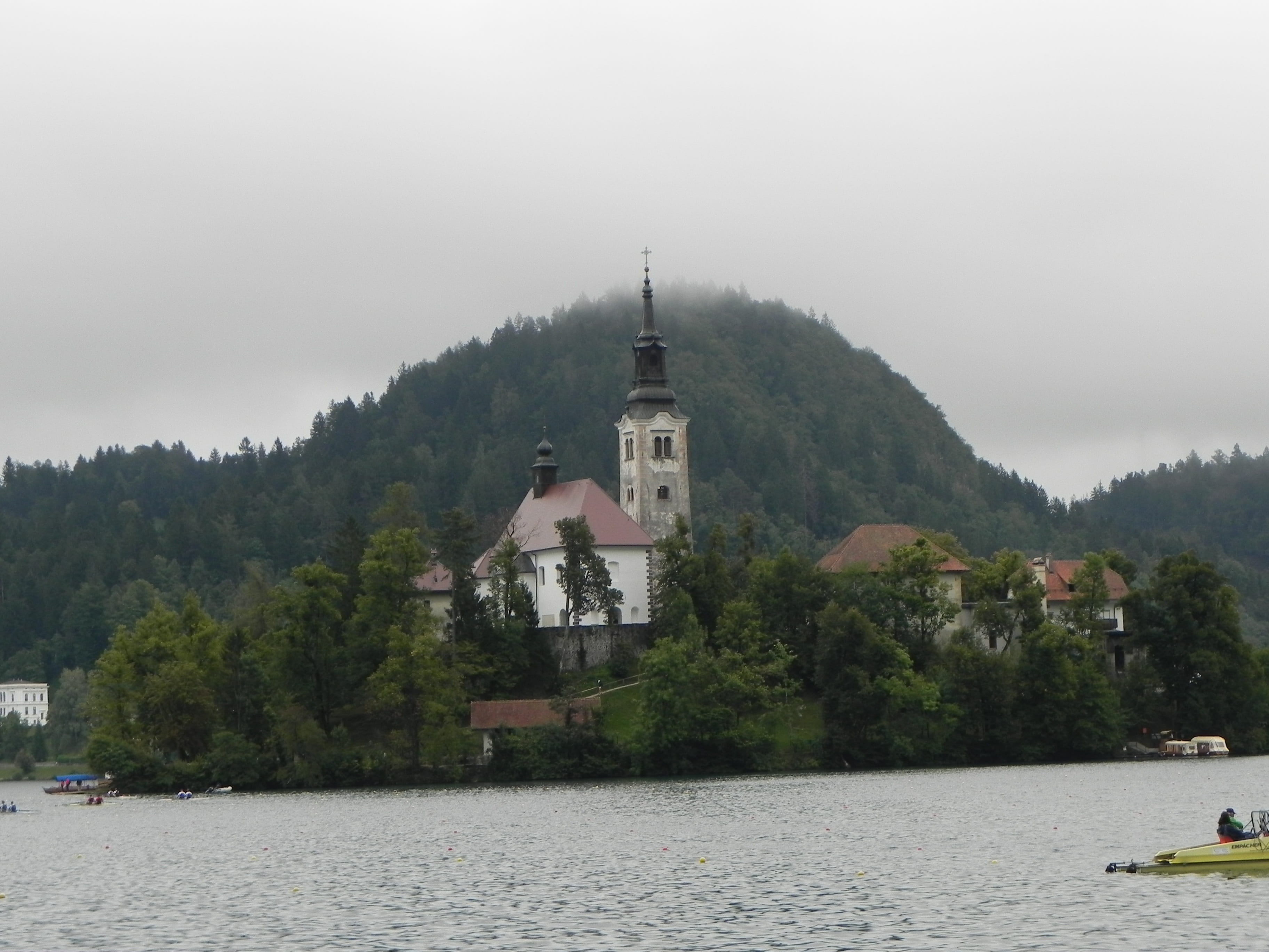 island, 2K, slovenia, no people, built structure, lake, bled, tree, plant, religion, mountain, mode of transportation, fog, day, outdoors, castle, architecture, HD Wallpaper