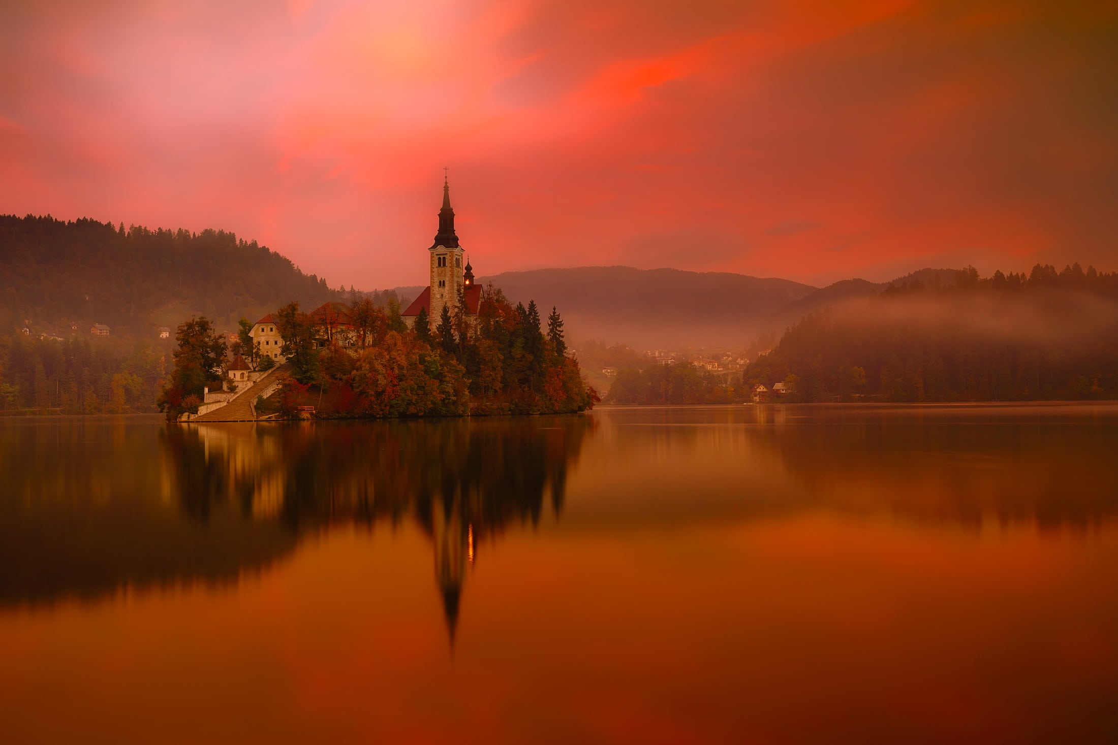 tranquility, lake, landscape, sunset, castle, mist, fog, scenics, town, travel, blue, beauty in nature, tourism, religion, scenics - nature, trees, slovenia, HD Wallpaper