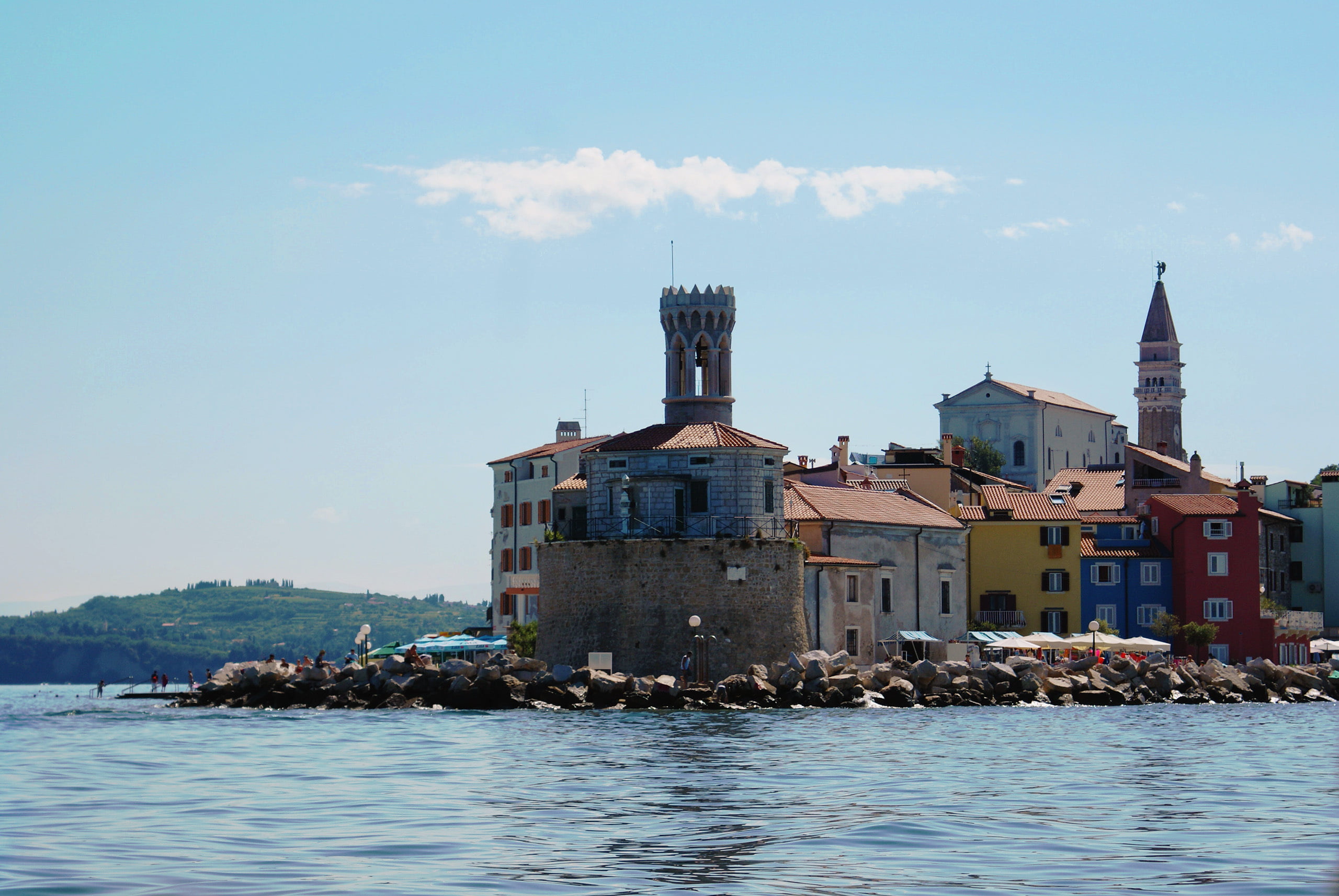 cloud - sky, scenics - nature, nature, built structure, concrete, day, building, outdoors, Piran, sea, Slovenia, architecture, 2K, the city, brown, tower, HD Wallpaper