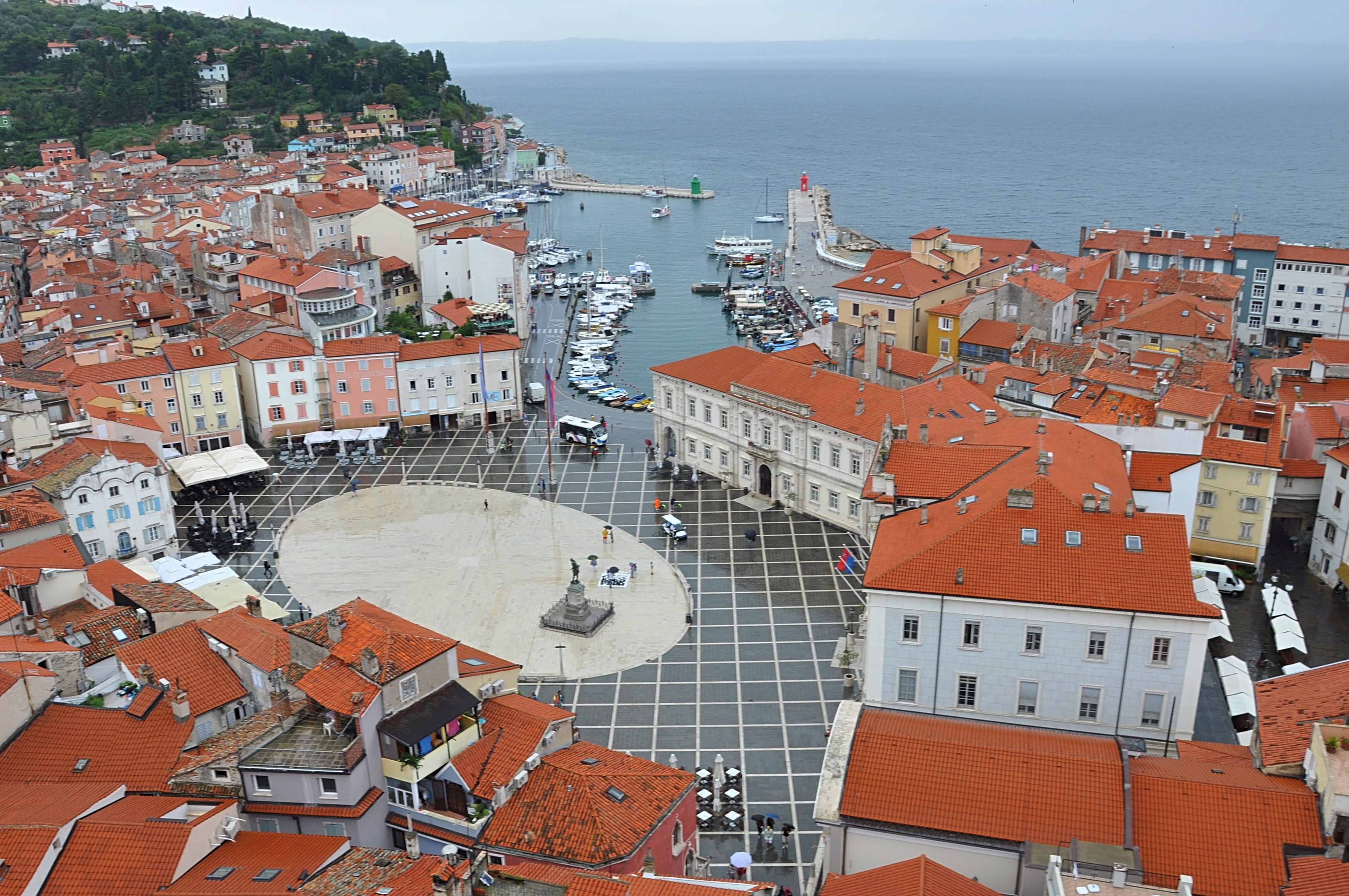 built structure, sea, building, slovenia, water, tower, town, high angle view, horizon, outdoors, crowd, residential district, piran, marine, old town, HD Wallpaper