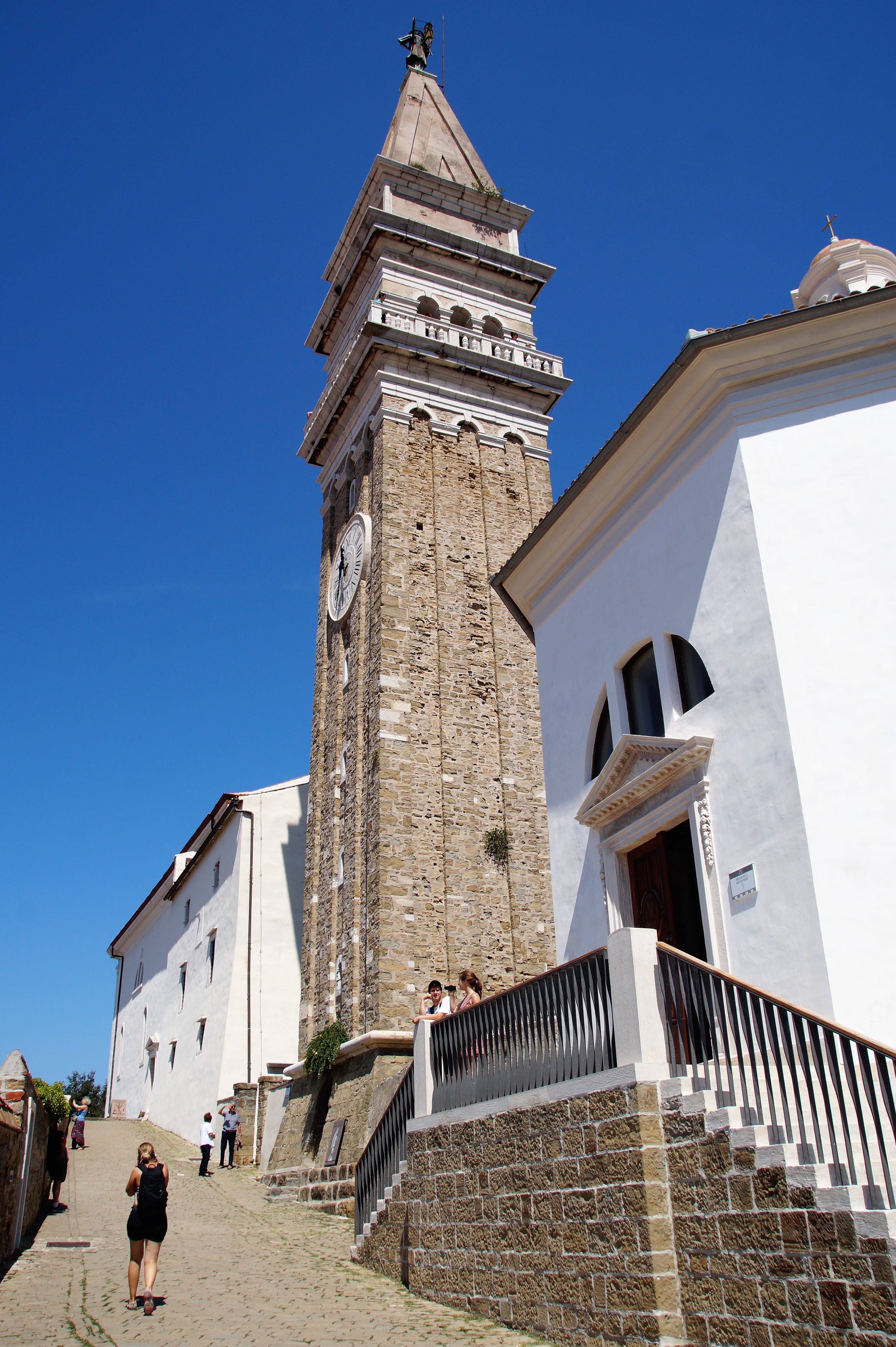 low angle view, spirituality, history, building exterior, clock, clear sky, architecture, day, blue, nature, slovenia, historical, the city of piran, 5K, Phone HD Wallpaper