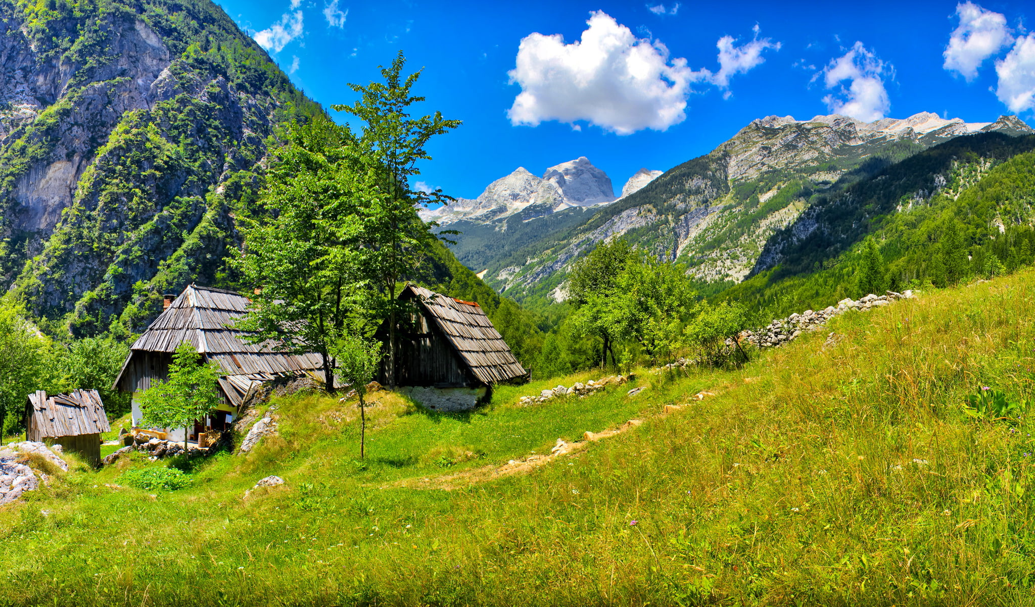 clouds, bovec, mountains, grass, trees, the sky, house, 1080P, nature, Slovenia, HD Wallpaper